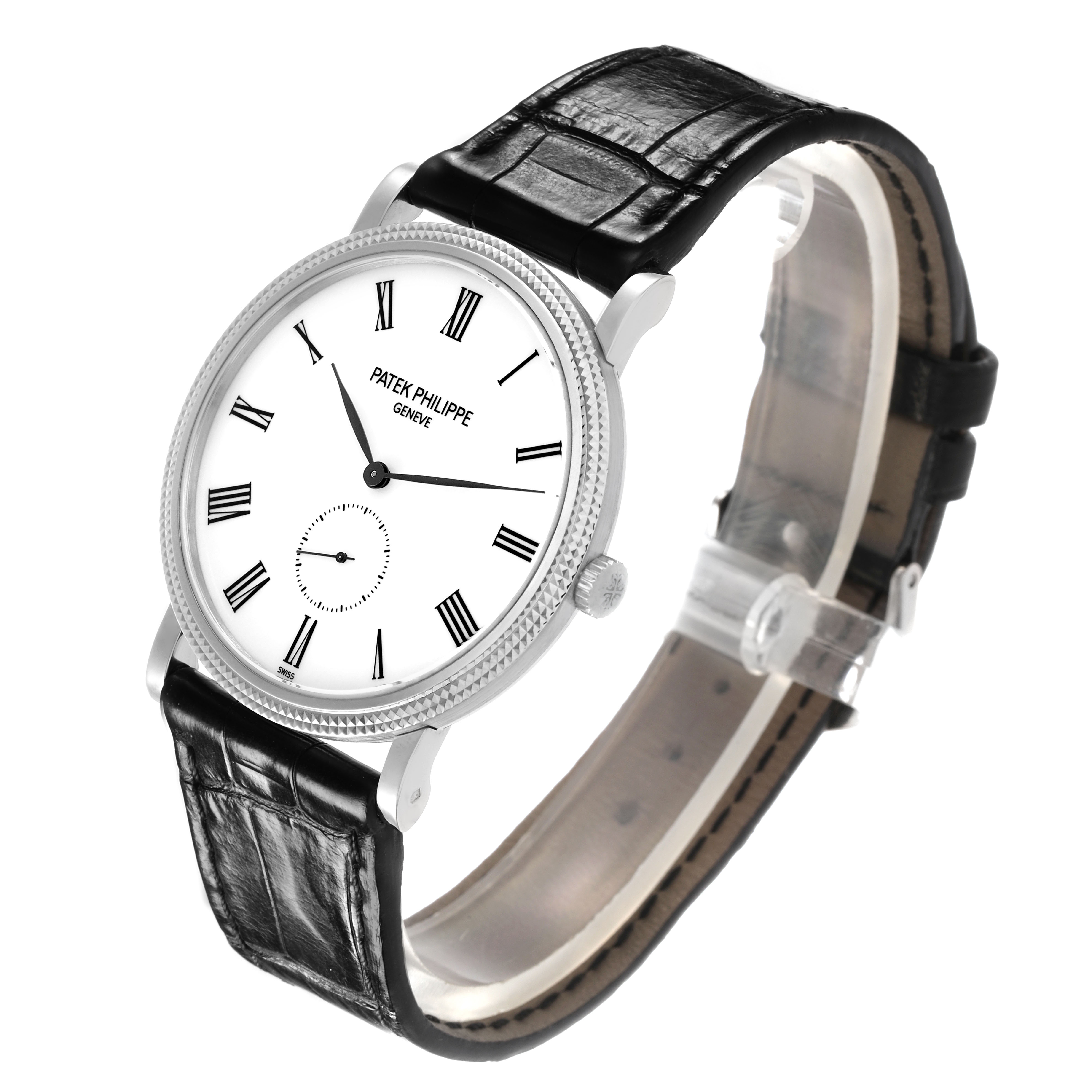 The Patek Philippe Calatrava 5119G-001 Men's White Gold White Dial watch is shown at a three-quarter angle, displaying the face, bezel, crown, and leather strap.