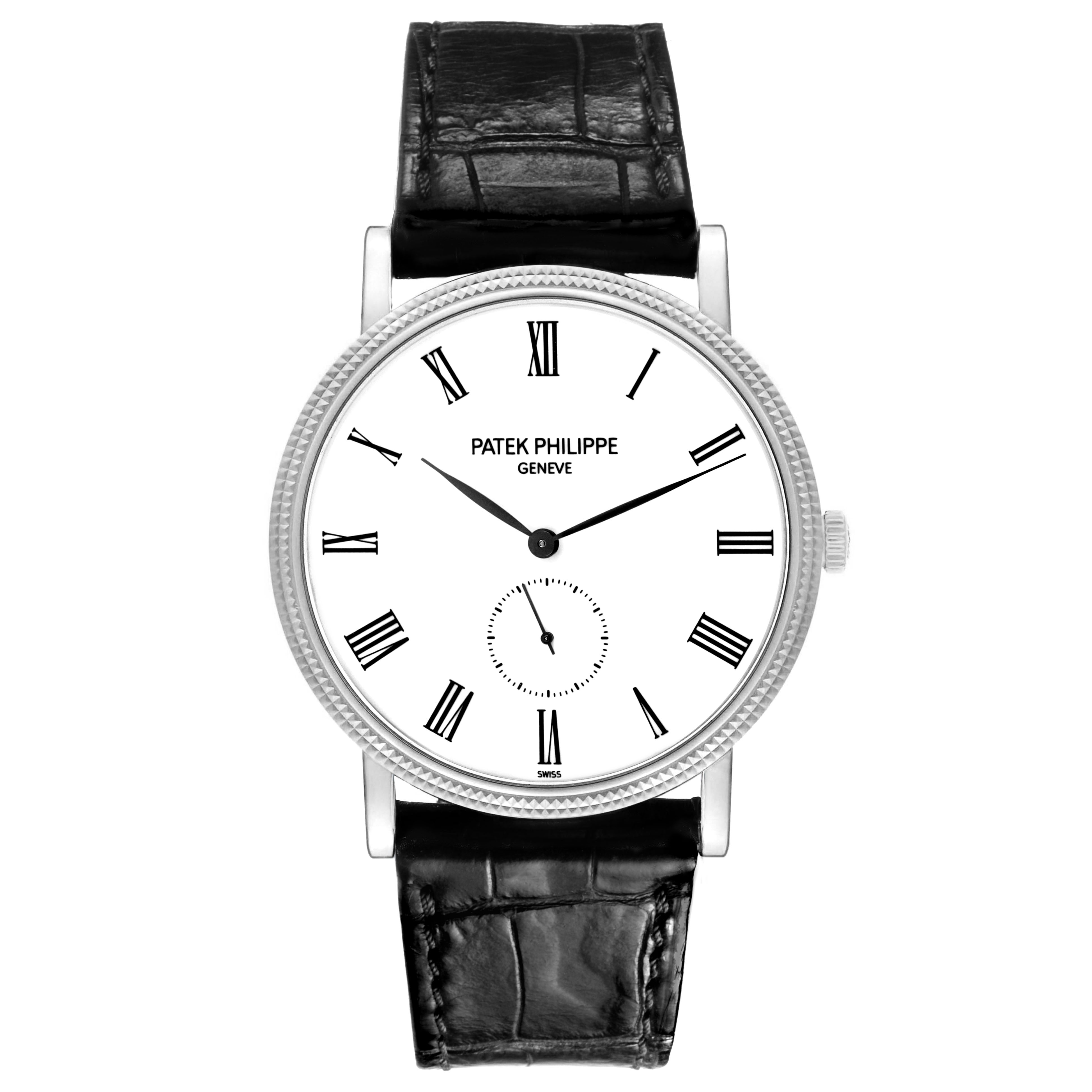 The Patek Philippe Calatrava 5119G-001 Men's White Gold White Dial watch is shown from the front, displaying its dial, Roman numerals, hands, and leather strap.