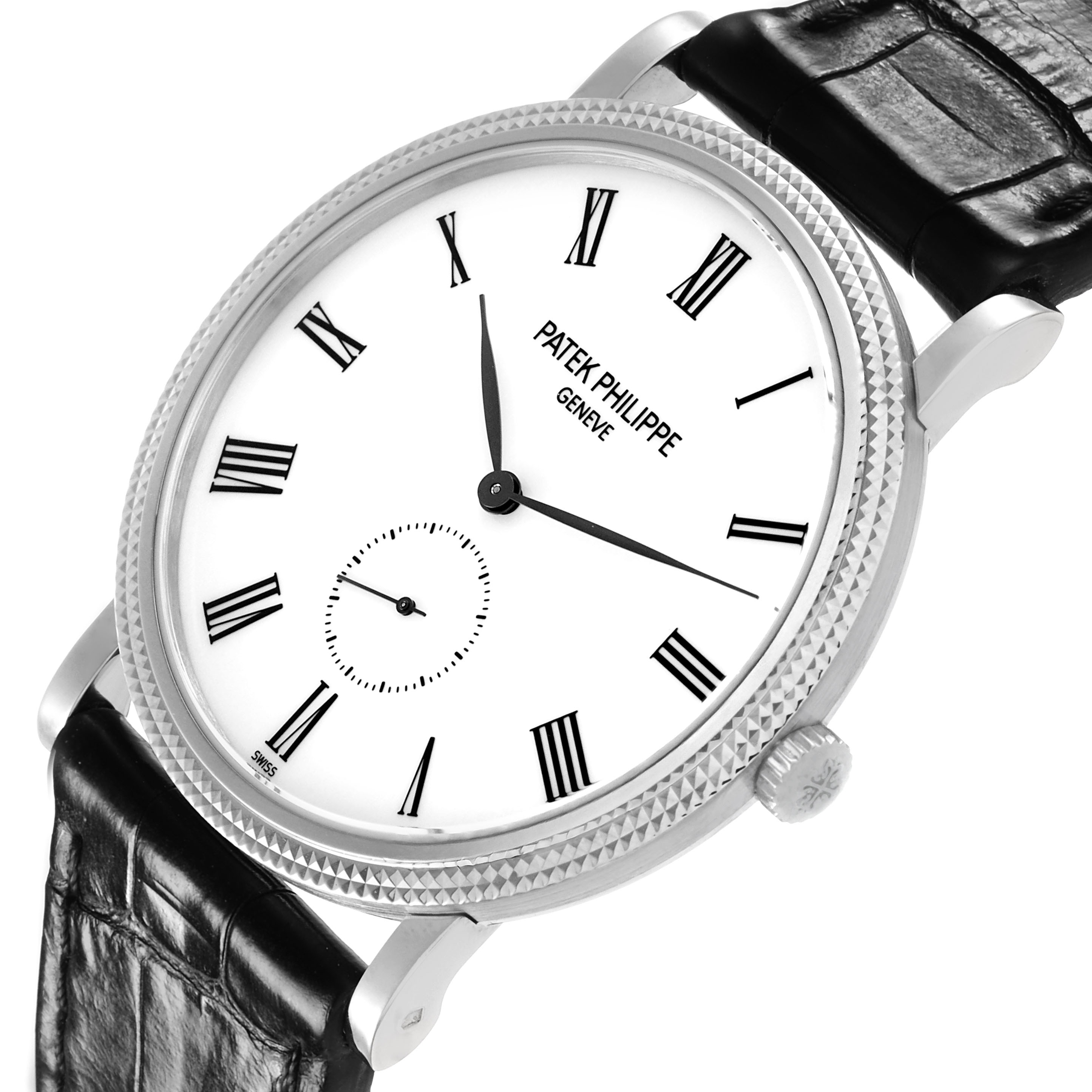 The Patek Philippe Calatrava 5119G-001 Men's White Gold White Dial is shown at an oblique angle, highlighting the dial, bezel, crown, and leather strap.