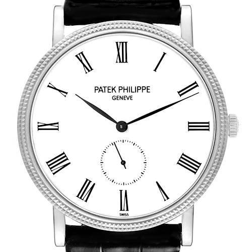 The Patek Philippe Calatrava 5119G-001 Men's White Gold White Dial model is shown from the front, highlighting its Roman numerals, hands, and textured bezel.