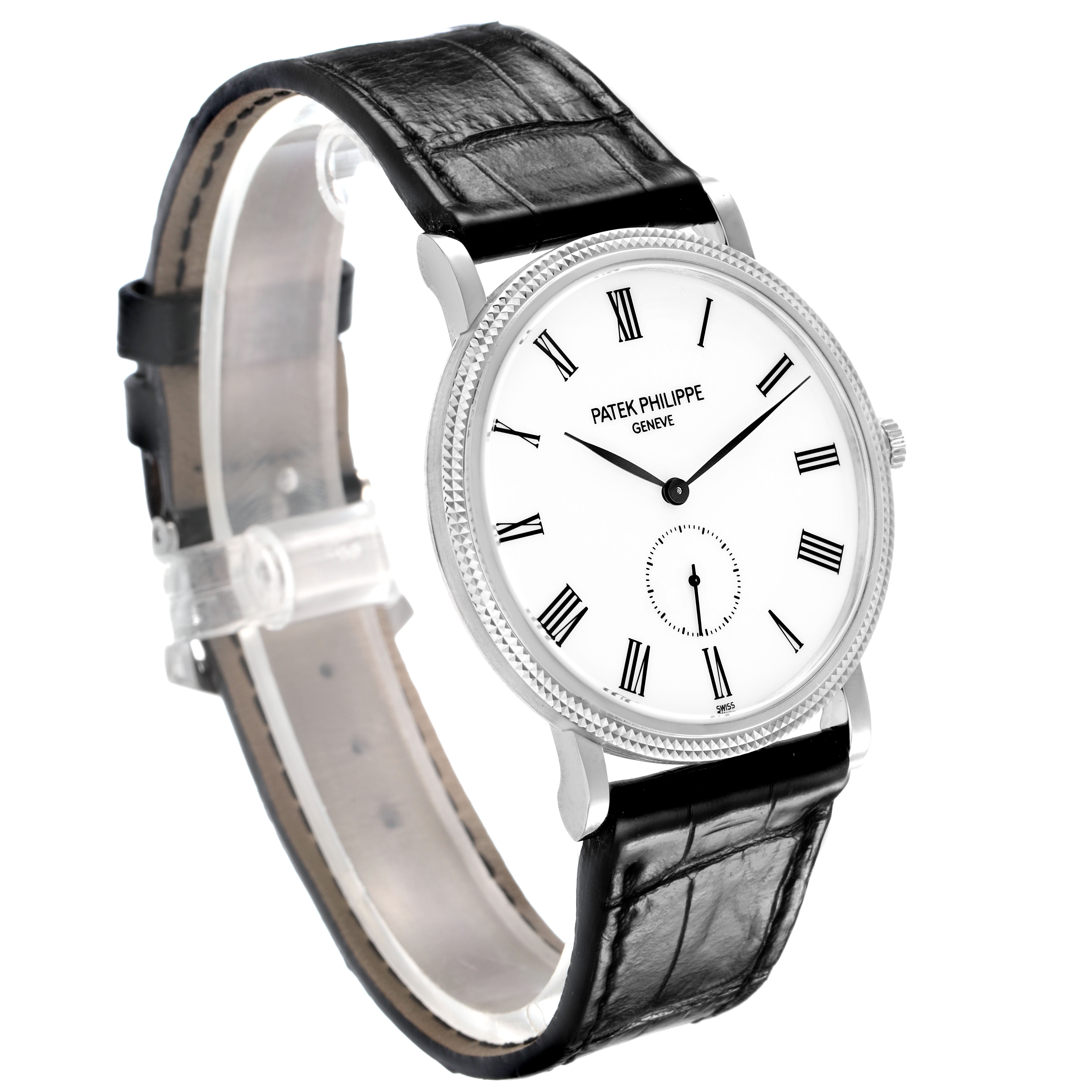 The Patek Philippe Calatrava 5119G-001 Men's White Gold White Dial watch is shown at a three-quarter angle, highlighting the face, crown, and black leather strap.