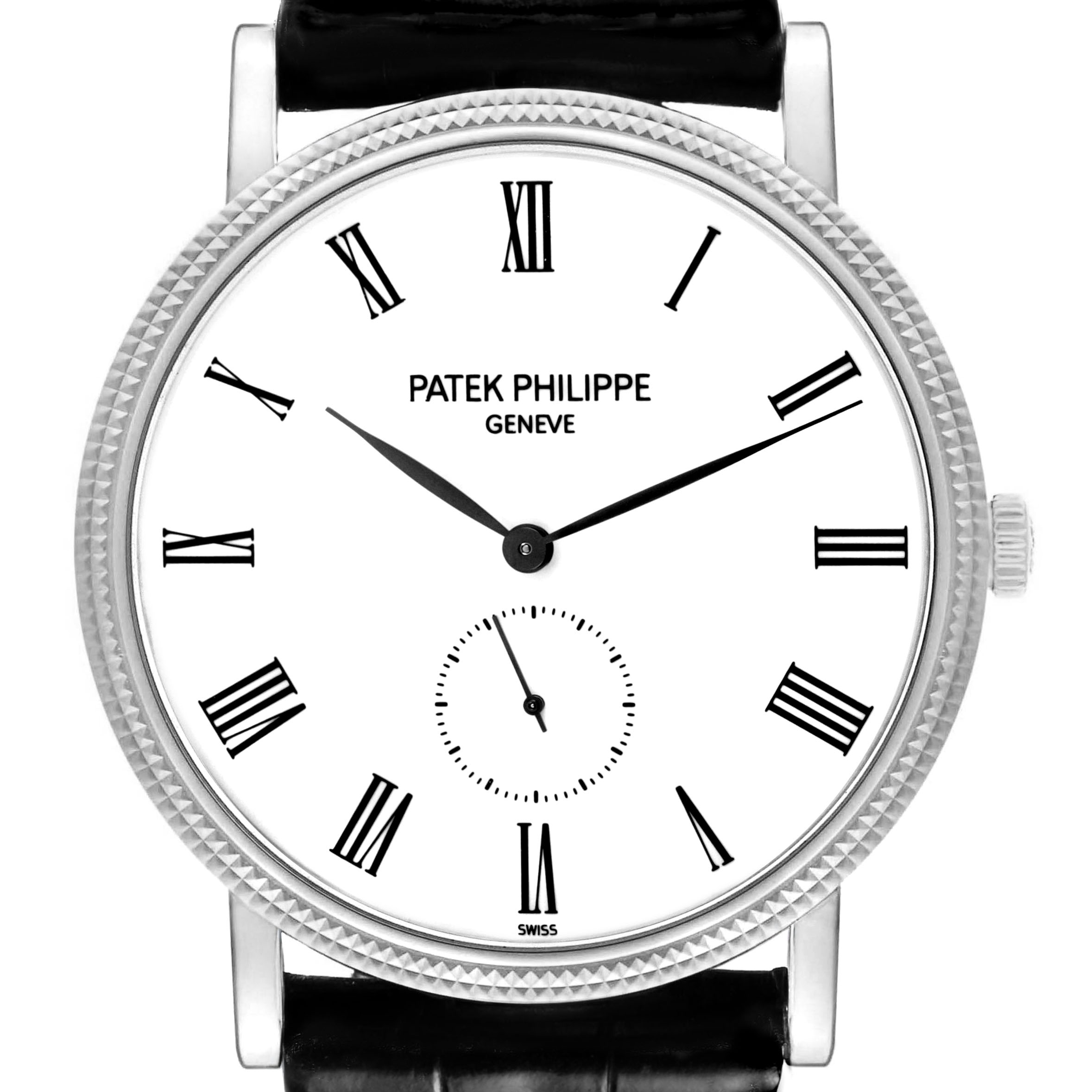 The image shows a front view of the Patek Philippe Calatrava 5119G-001 Men's White Gold White Dial, highlighting its dial, Roman numerals, hands, and bezel.