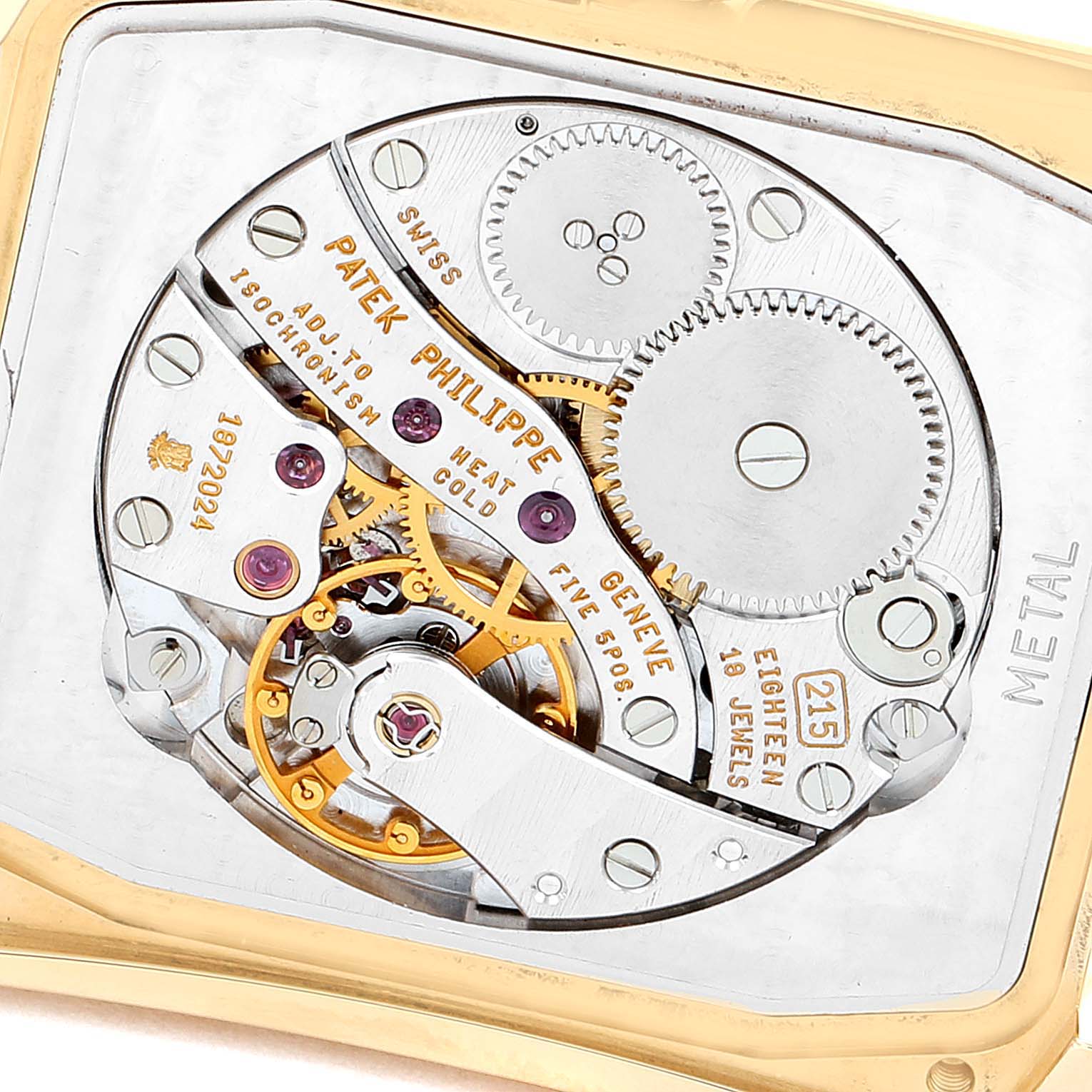 The image shows the internal mechanism of a Patek Philippe Gondolo 5024J Men
s Yellow Gold Silver Dial 5024J Men
s Yellow Gold Silver Dial watch, viewed from the back.