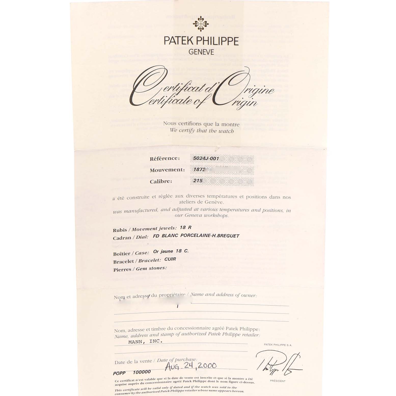 This is a certificate of origin for a Patek Philippe Gondolo 5024J Men
s Yellow Gold Silver Dial 5024J Men
s Yellow Gold Silver Dial watch, showing detailed specifications and purchase information.