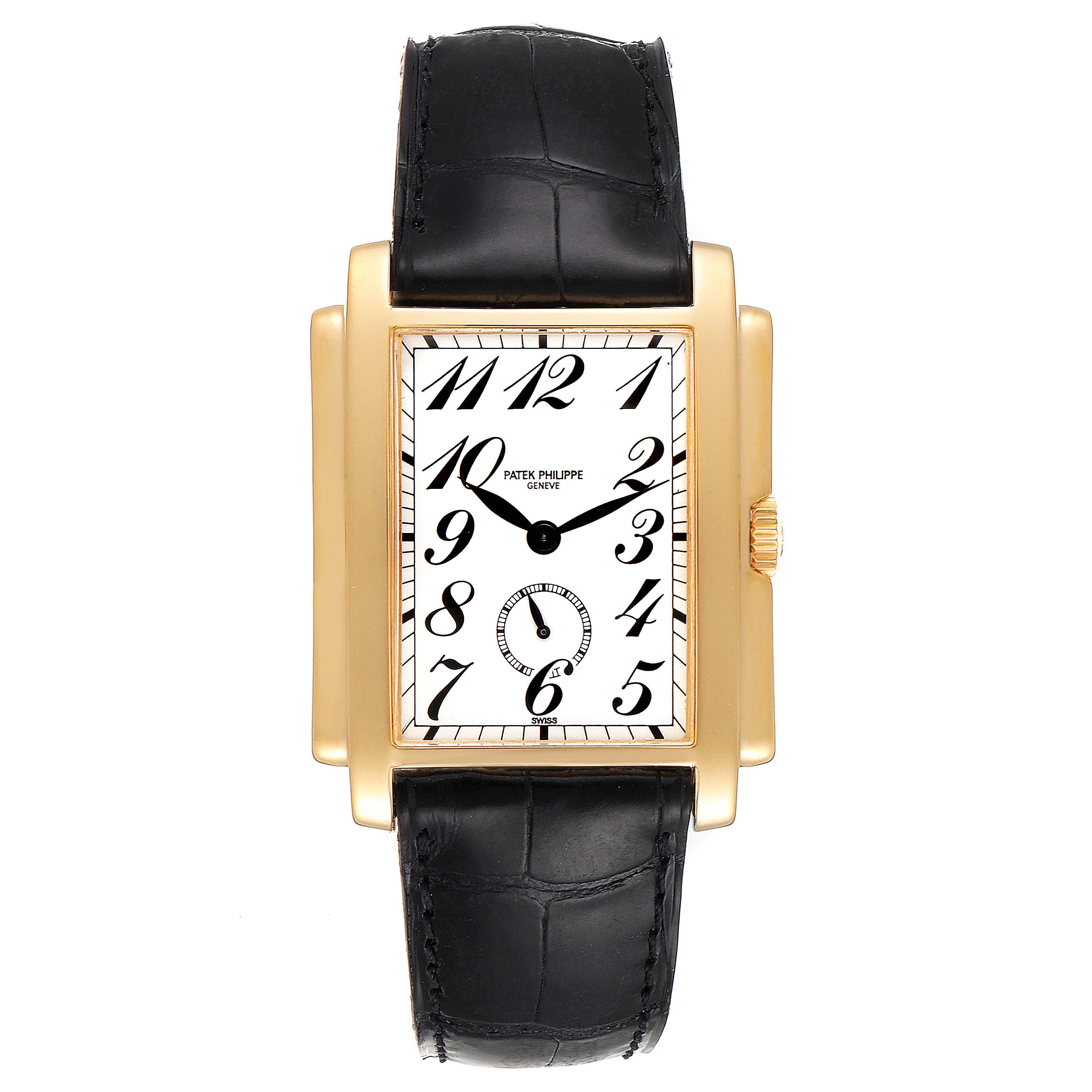 The image shows a frontal view of the Patek Philippe Gondolo 5024J Men
s Yellow Gold Silver Dial 5024J Men
s Yellow Gold Silver Dial watch, featuring a rectangular dial, gold case, and black leather strap.