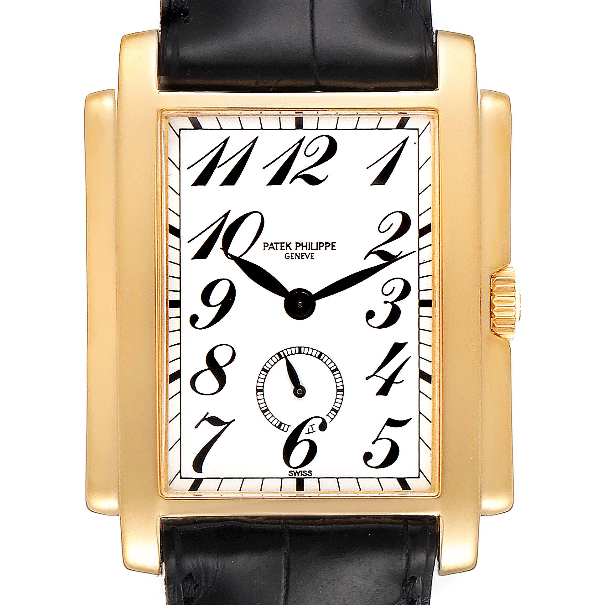 This is a front view of the Patek Philippe Gondolo 5024J Men
s Yellow Gold Silver Dial 5024J Men
s Yellow Gold Silver Dial watch, showing its rectangular dial and gold case with a leather strap.