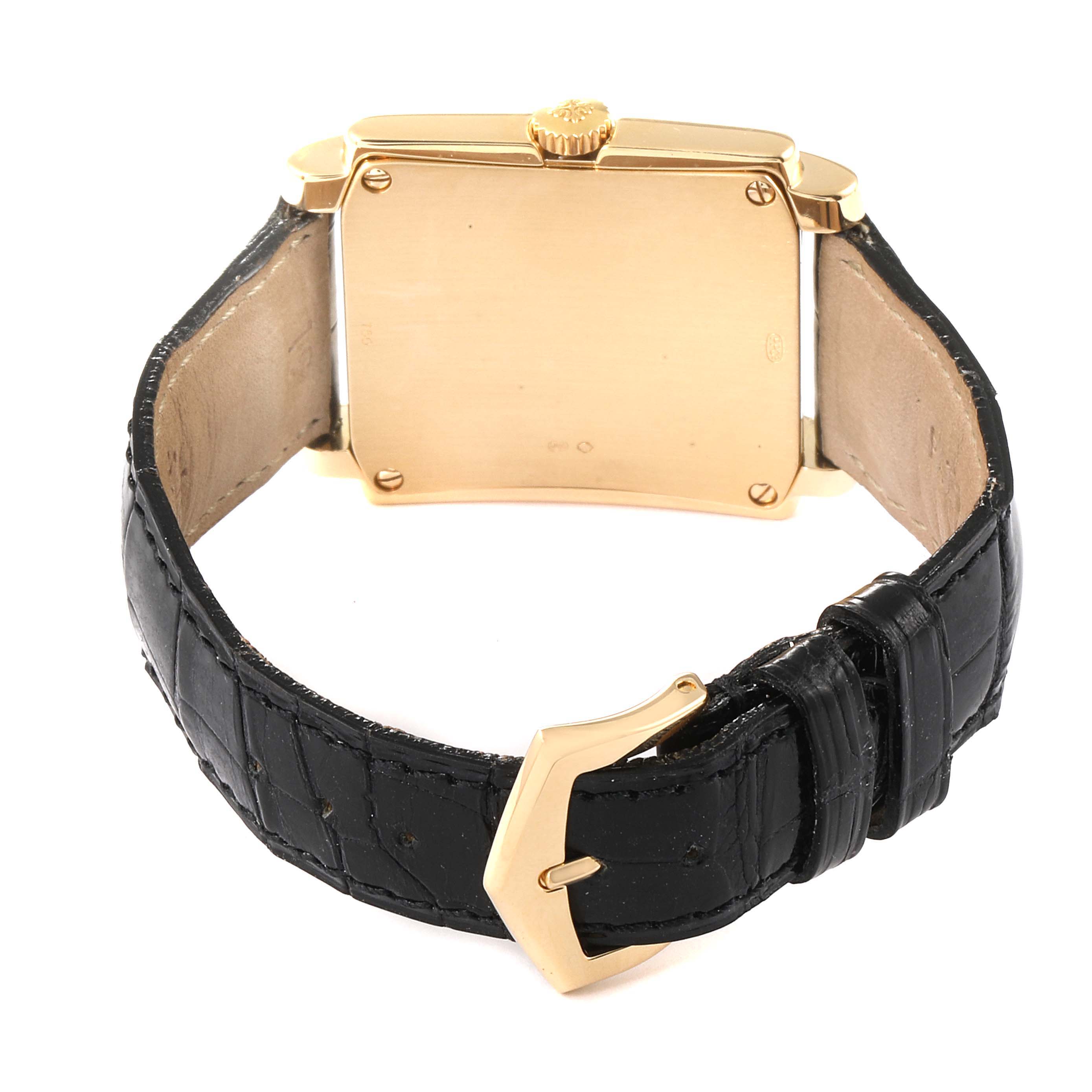 The image shows the back case of the Patek Philippe Gondolo 5024J Men
s Yellow Gold Silver Dial 5024J Men
s Yellow Gold Silver Dial watch, highlighting the leather strap and buckle.