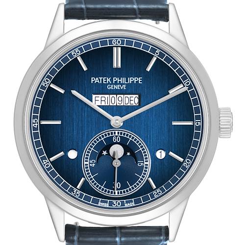 The Patek Philippe Complications 5236P-001 Men's Platinum Blue Dial watch is shown from the front, highlighting the dial, hands, sub-dial, date, and brand name.