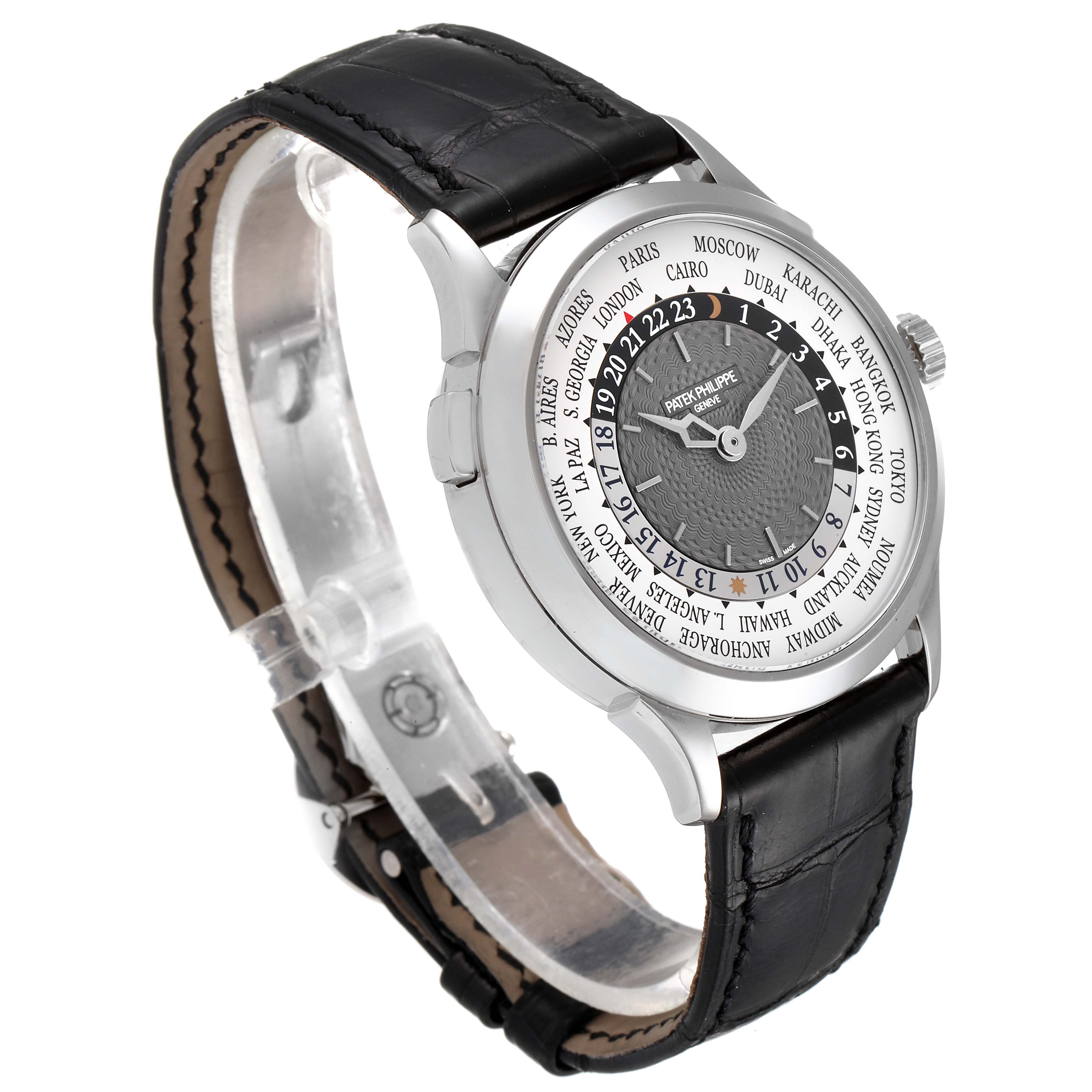 The image shows a side angle of the Patek Philippe Complications 5110G Men's White Gold Grey Dial 5110G Men's White Gold Grey Dial watch, highlighting its dial, markers, crown, and leather strap.