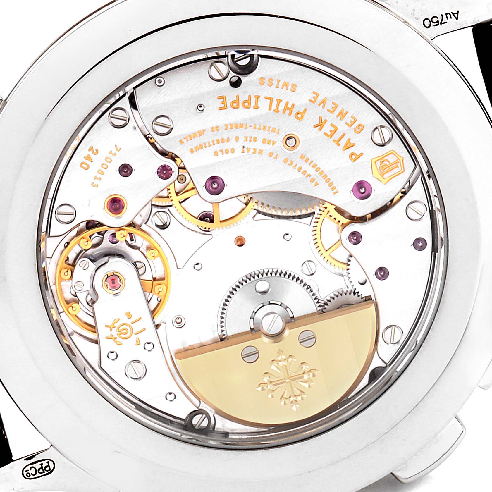 This image shows a close-up view of the movement and internal mechanisms of a Patek Philippe Complications 5110G Men's White Gold Grey Dial 5110G Men's White Gold Grey Dial model watch from the back.