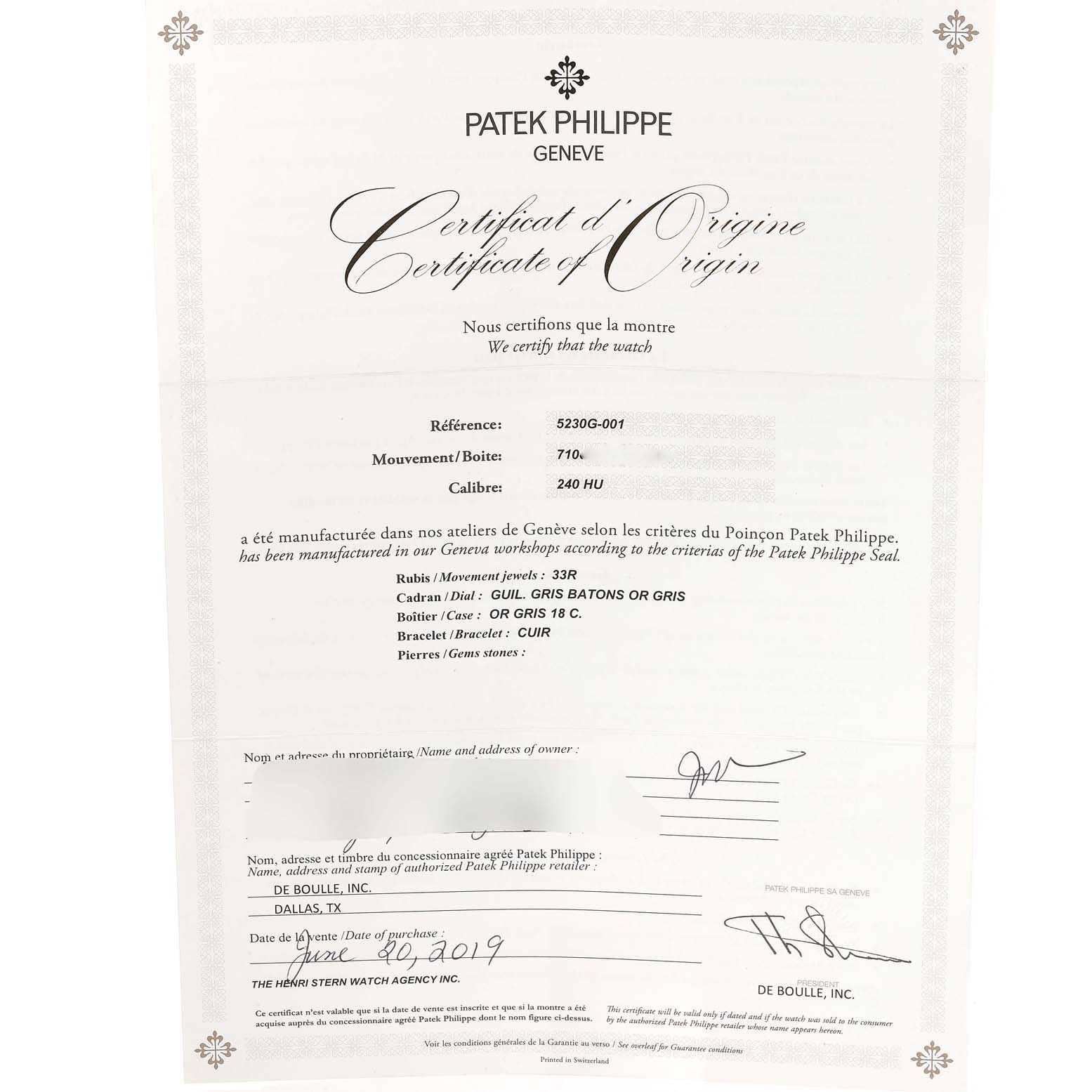 This image shows the Certificate of Origin for a Patek Philippe Complications 5110G Men's White Gold Grey Dial 5110G Men's White Gold Grey Dial model 5230G-001.