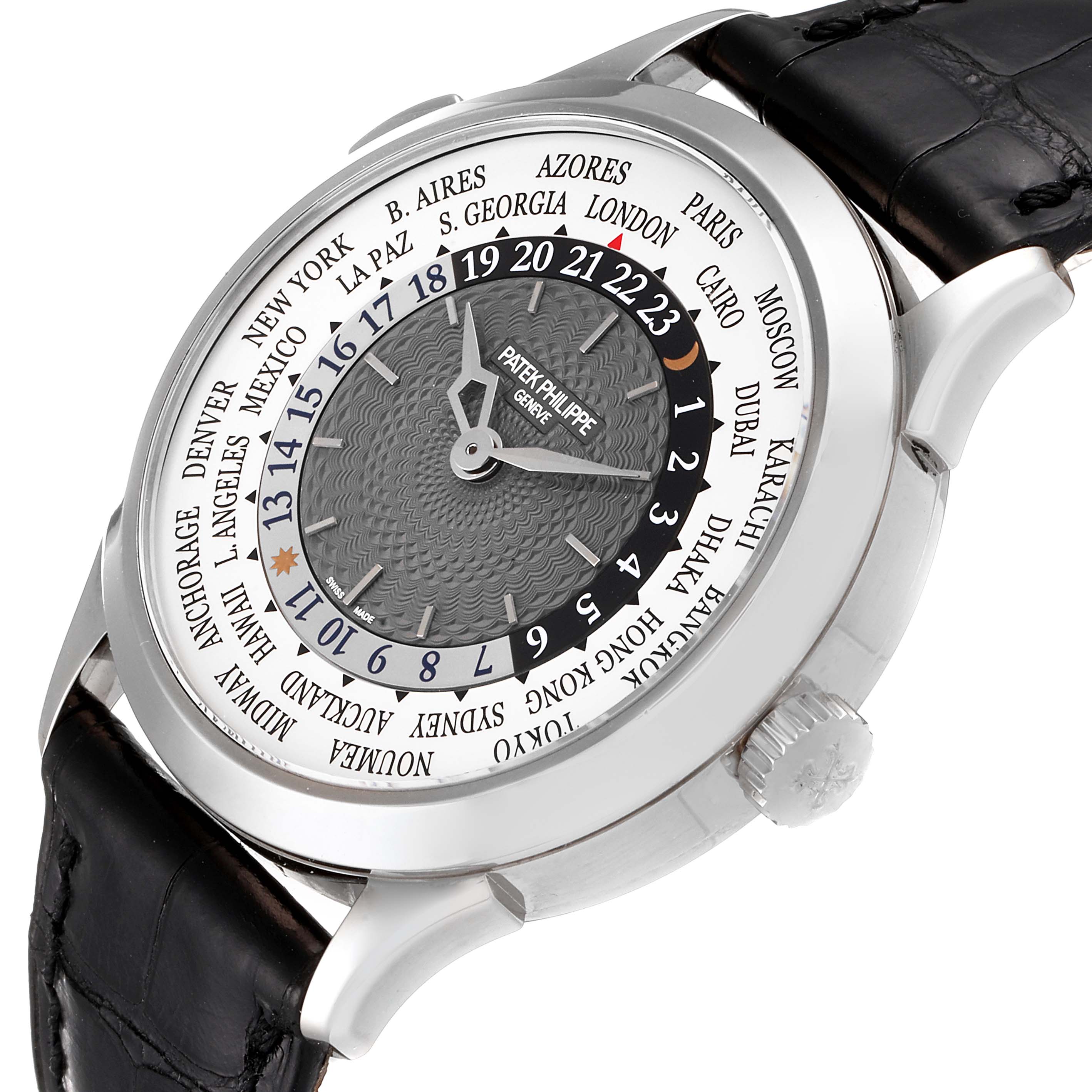 This image shows a top angle view of a Patek Philippe Complications 5110G Men's White Gold Grey Dial 5110G Men's White Gold Grey Dial watch, highlighting the world time dial and black leather strap.
