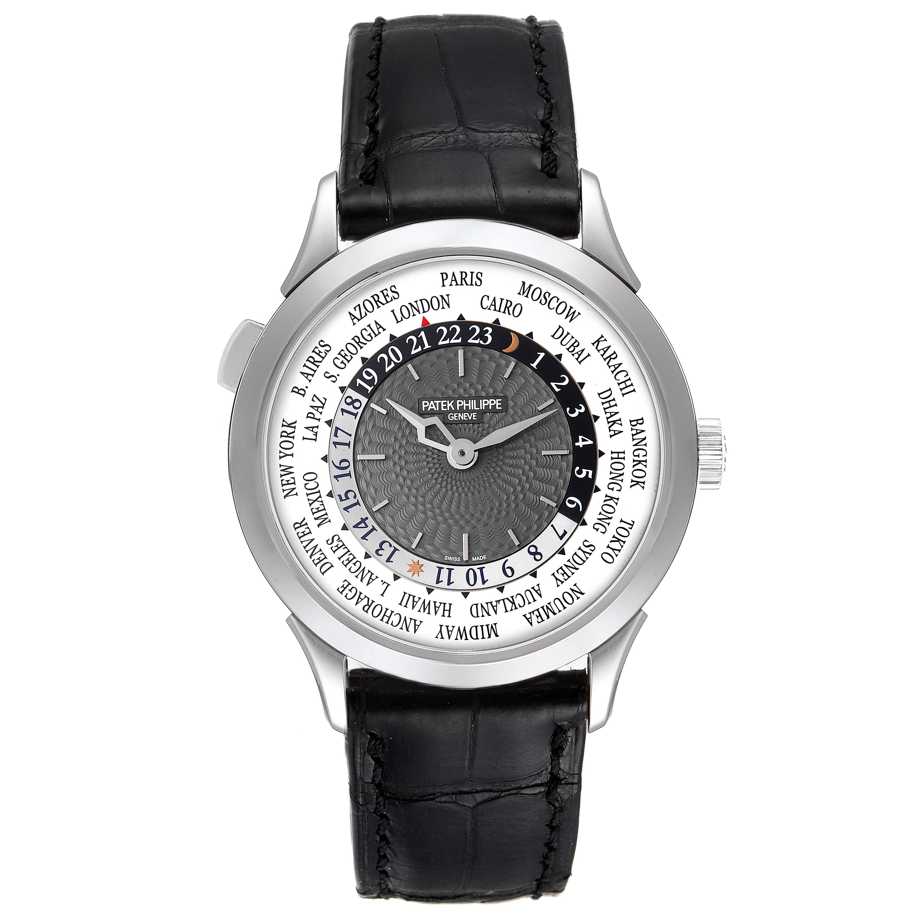 This is a front view of the Patek Philippe Complications 5110G Men's White Gold Grey Dial 5110G Men's White Gold Grey Dial watch, showing the dial, bezel, and black leather strap.