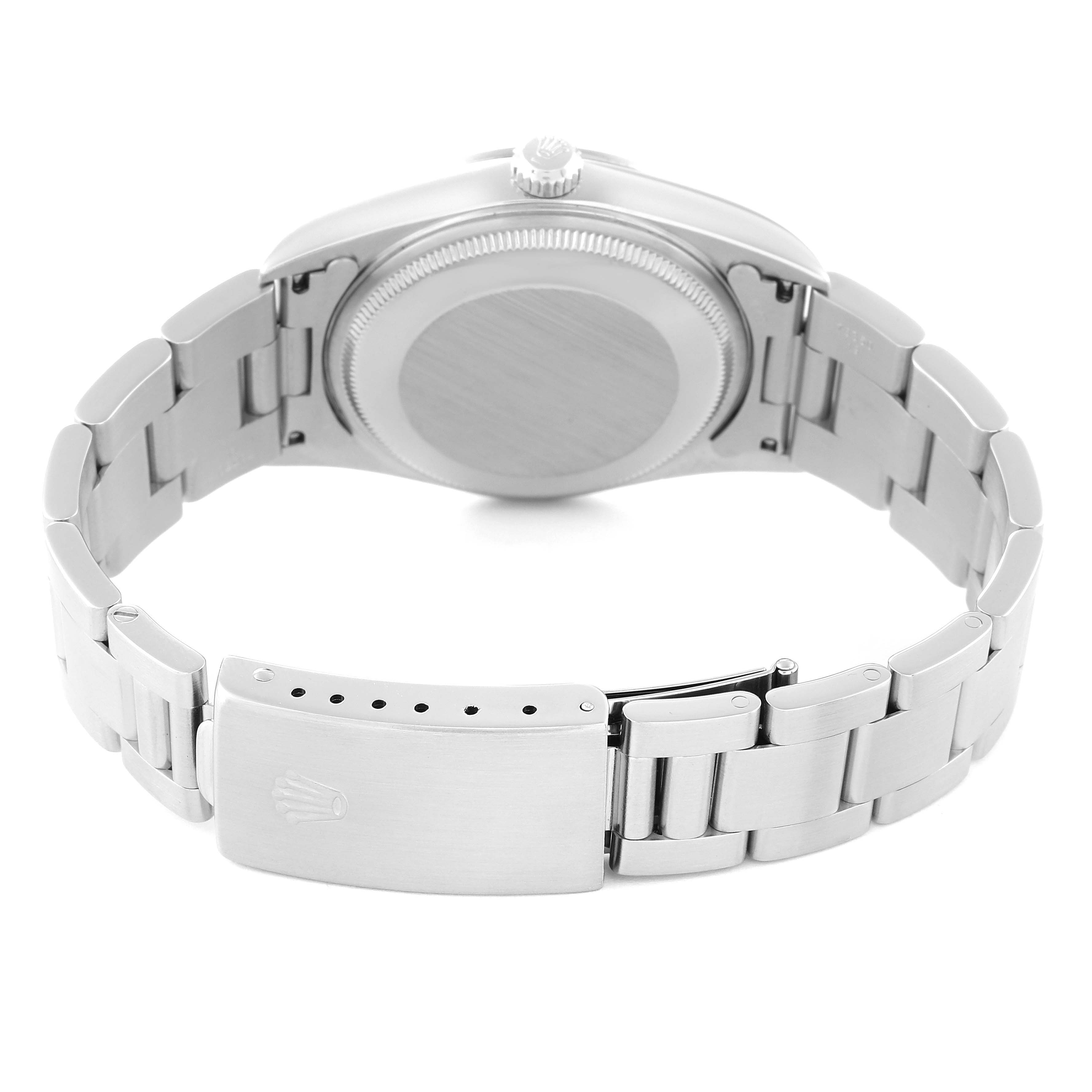 The image shows the backside and bracelet of a Rolex Air-King 14000 Men's Stainless Steel Blue Dial 14000 Men's Stainless Steel Blue Dial watch from a direct rear angle.