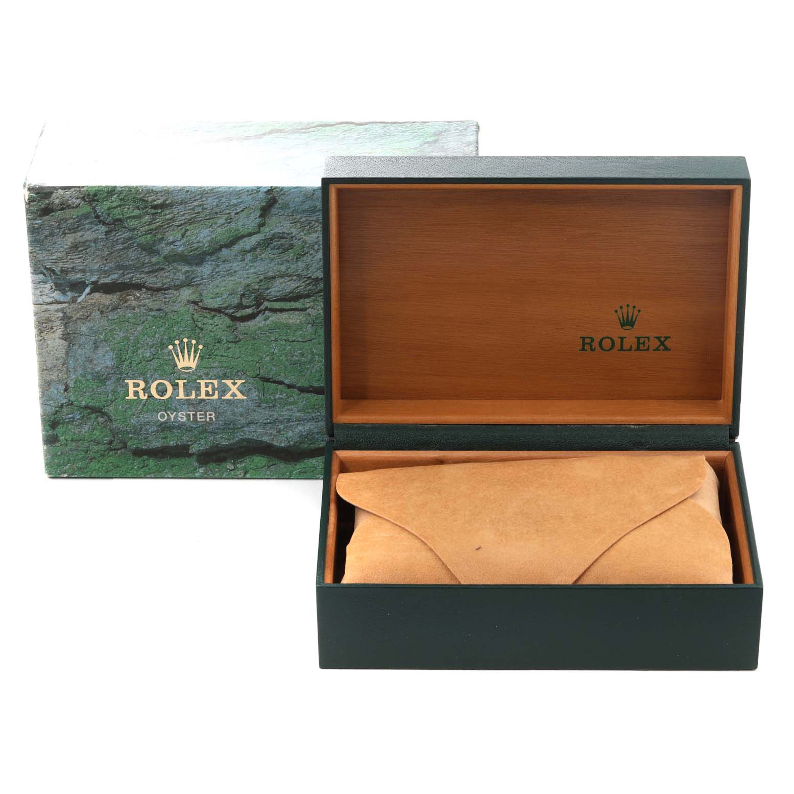 The image shows the packaging for a Rolex Air-King 14000 Men's Stainless Steel Blue Dial 14000 Men's Stainless Steel Blue Dial watch, including the opened box and suede pouch.
