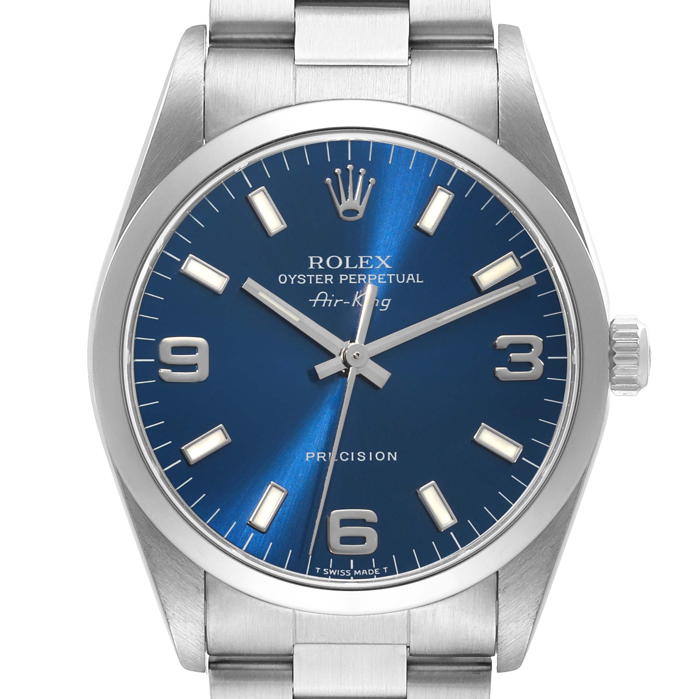This image shows a front view of the Rolex Air-King 14000 Men's Stainless Steel Blue Dial 14000 Men's Stainless Steel Blue Dial watch, highlighting the dial, hands, crown, and part of the bracelet.
