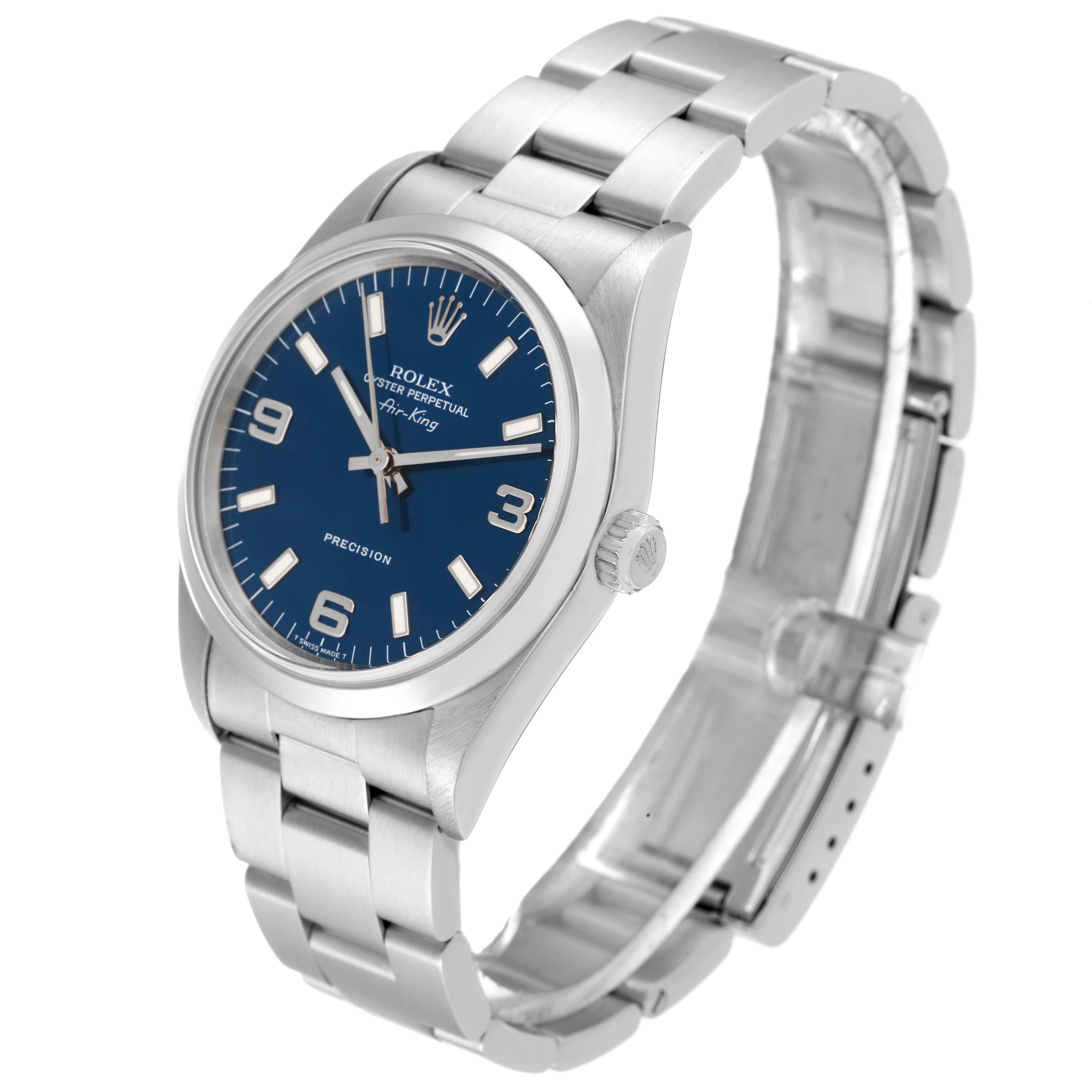 The image shows a Rolex Air-King 14000 Men's Stainless Steel Blue Dial 14000 Men's Stainless Steel Blue Dial watch at a slight angle, showcasing its blue dial, case, crown, and stainless steel bracelet.
