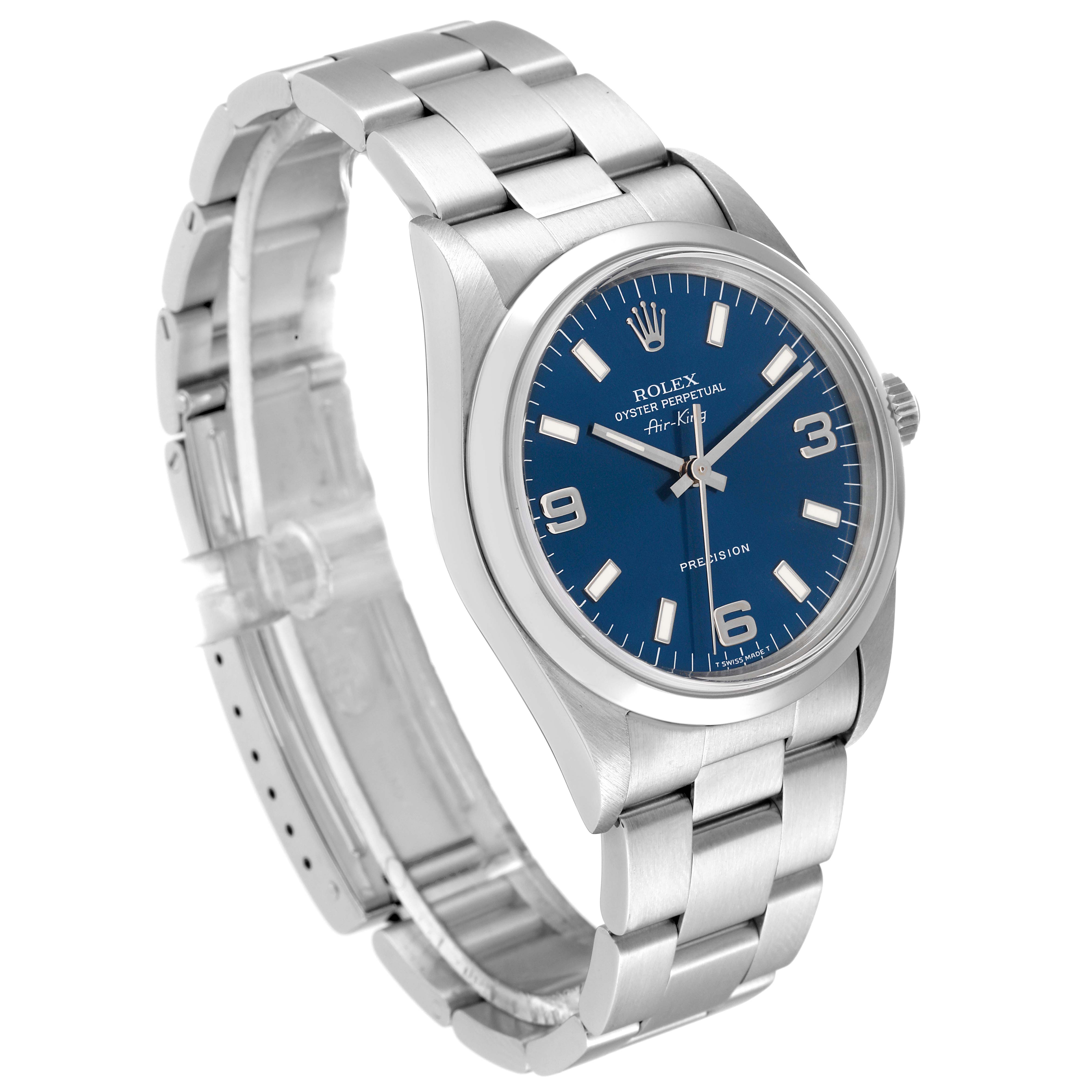 The image shows a Rolex Air-King 14000 Men's Stainless Steel Blue Dial 14000 Men's Stainless Steel Blue Dial watch at a three-quarter angle, displaying the bracelet, case, dial, and crown.