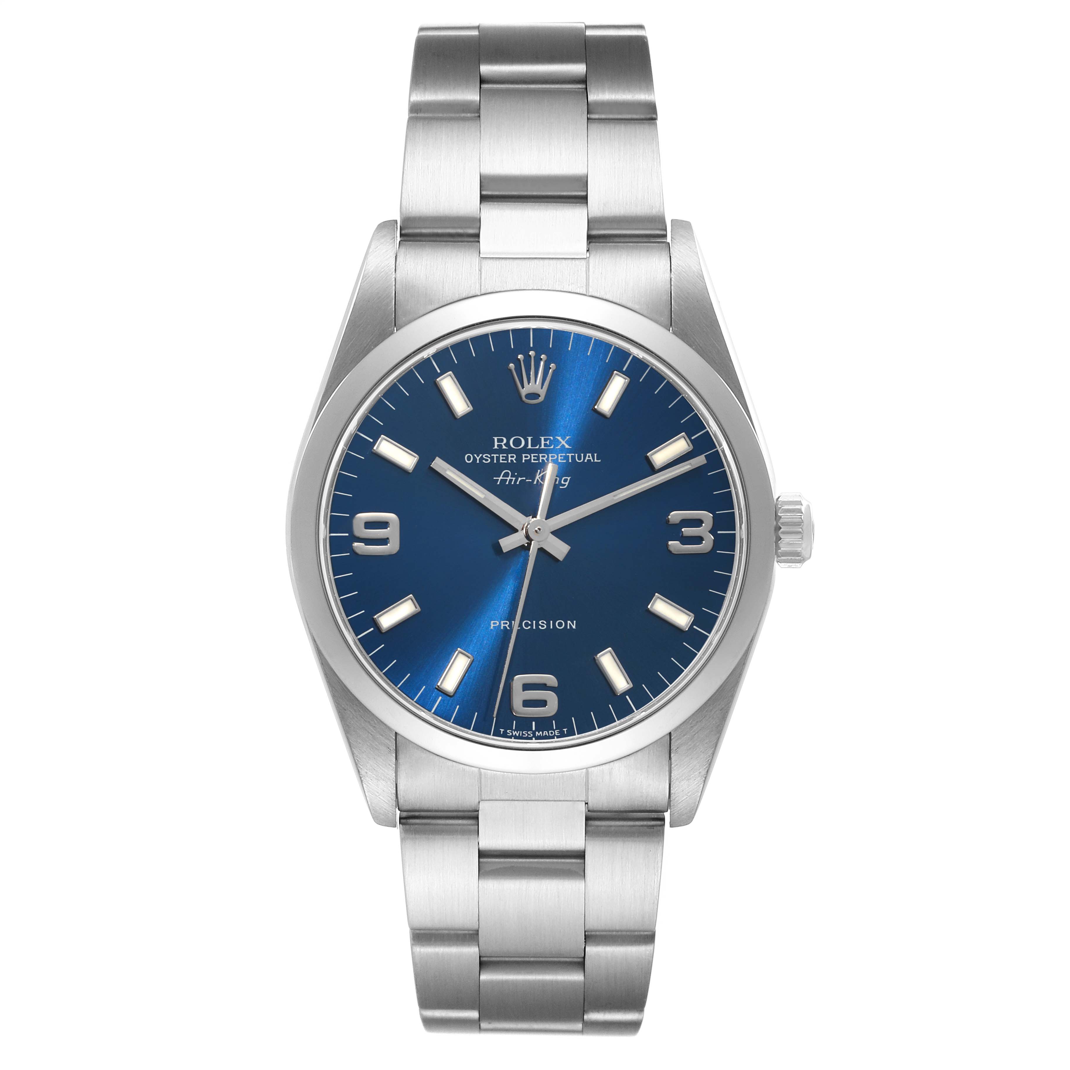 The image shows a front view of a Rolex Air-King 14000 Men's Stainless Steel Blue Dial 14000 Men's Stainless Steel Blue Dial watch, displaying its blue dial, silver indices, and stainless steel bracelet.