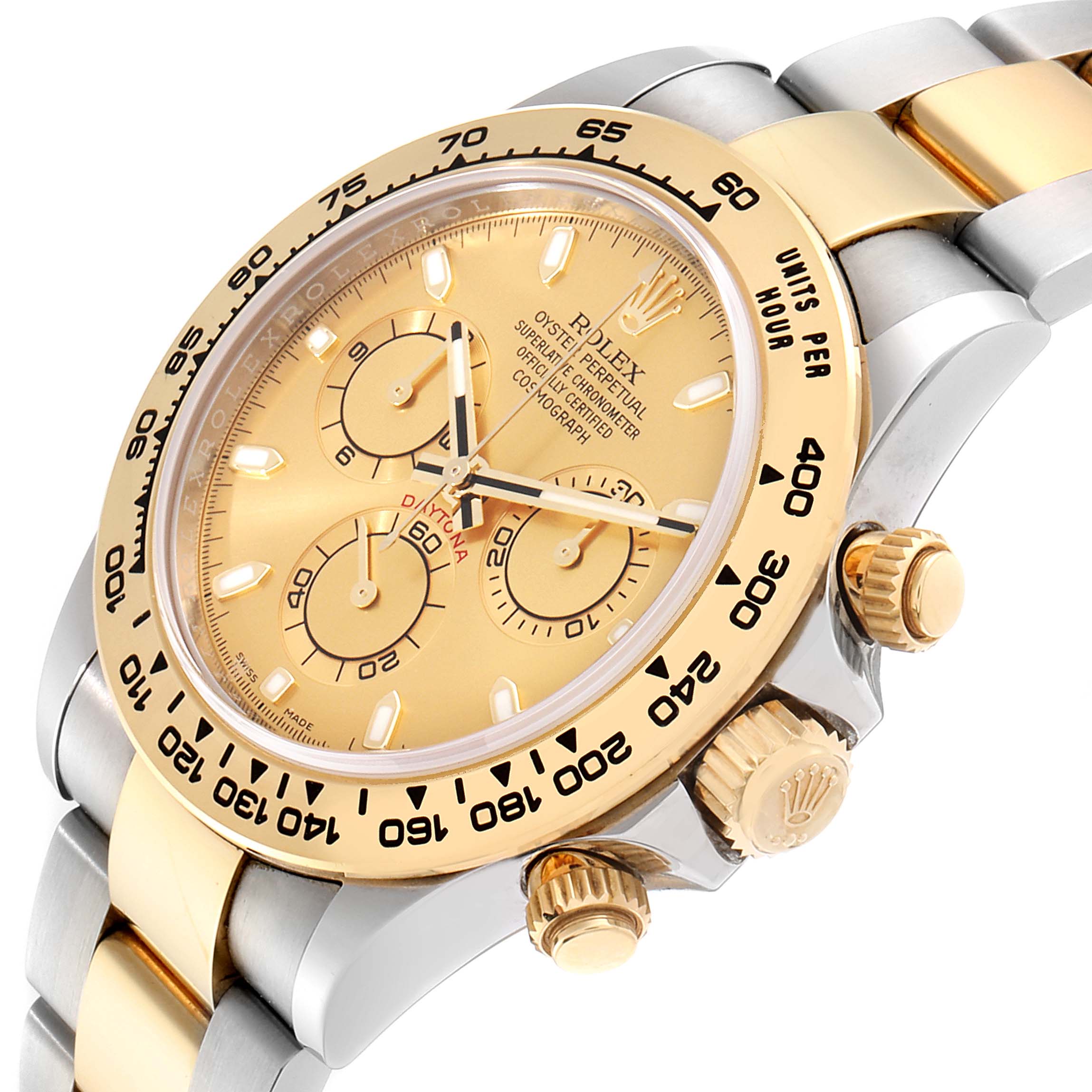 The image shows a close-up angled view of a Rolex Daytona 116503 Men's Steel and Gold (two tone) Champagne Dial 116503 Men's Steel and Gold (two tone) Champagne Dial watch, highlighting the bezel, dial, crown, and a portion of the bracelet.