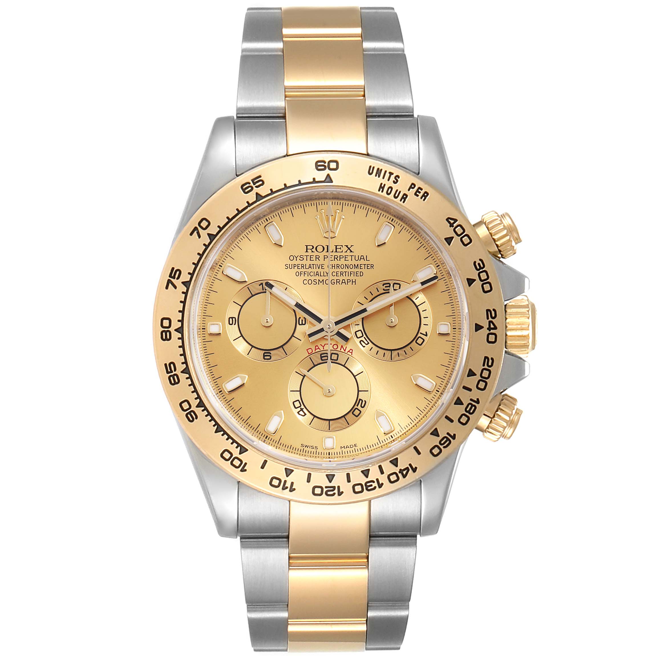 This image shows a front view of a Rolex Daytona 116503 Men's Steel and Gold (two tone) Champagne Dial 116503 Men's Steel and Gold (two tone) Champagne Dial watch, featuring its dial, bezel, and two-tone bracelet.