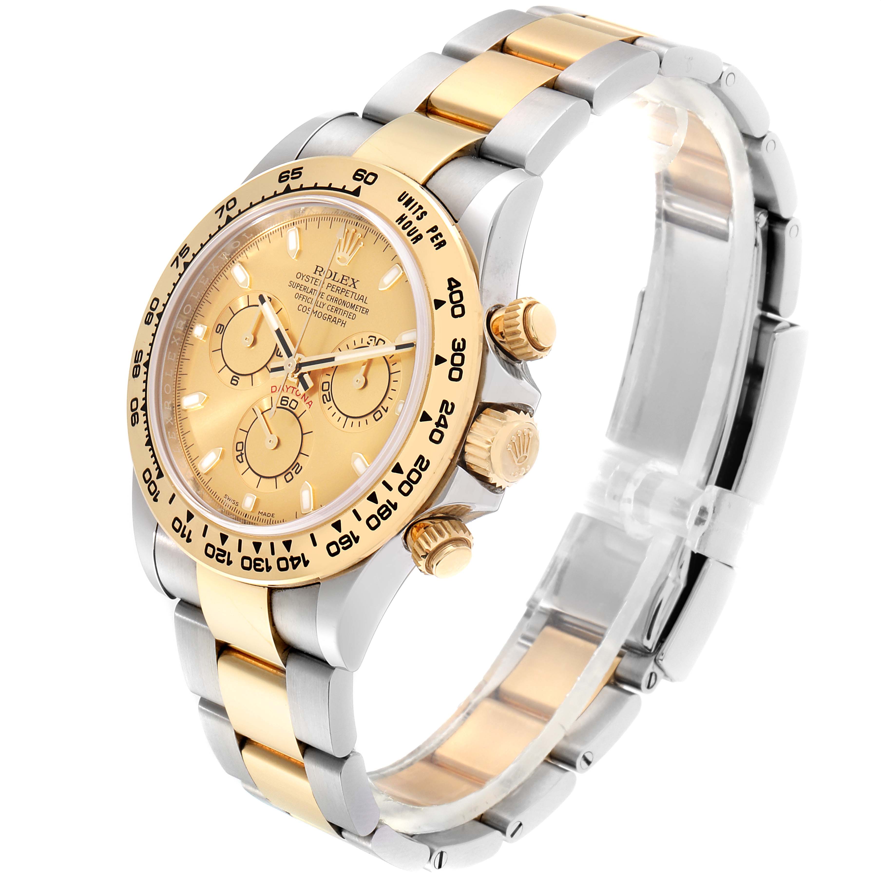 This image shows a Rolex Daytona 116503 Men's Steel and Gold (two tone) Champagne Dial 116503 Men's Steel and Gold (two tone) Champagne Dial watch at a three-quarter angle, featuring its gold dial, bezel, and two-tone metal bracelet.