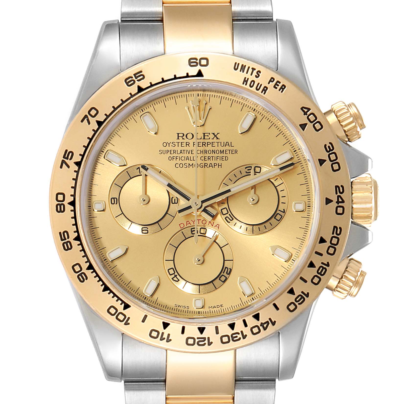 The image shows a front view of the Rolex Daytona 116503 Men's Steel and Gold (two tone) Champagne Dial 116503 Men's Steel and Gold (two tone) Champagne Dial watch highlighting the dial, bezel, and part of the bracelet.