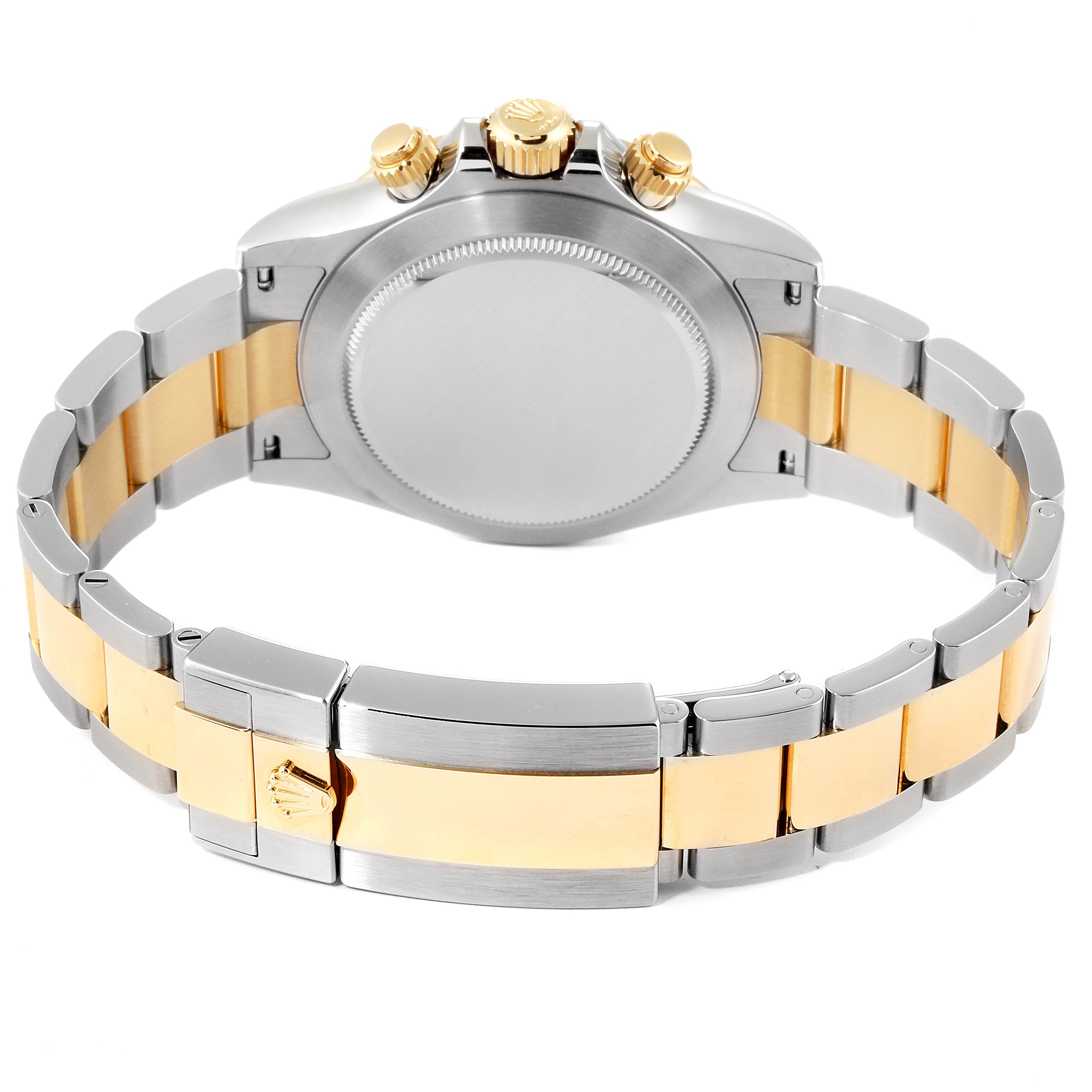 The image shows the back, crown, and bracelet of a Rolex Daytona 116503 Men's Steel and Gold (two tone) Champagne Dial 116503 Men's Steel and Gold (two tone) Champagne Dial watch, showcasing its two-tone metal design.