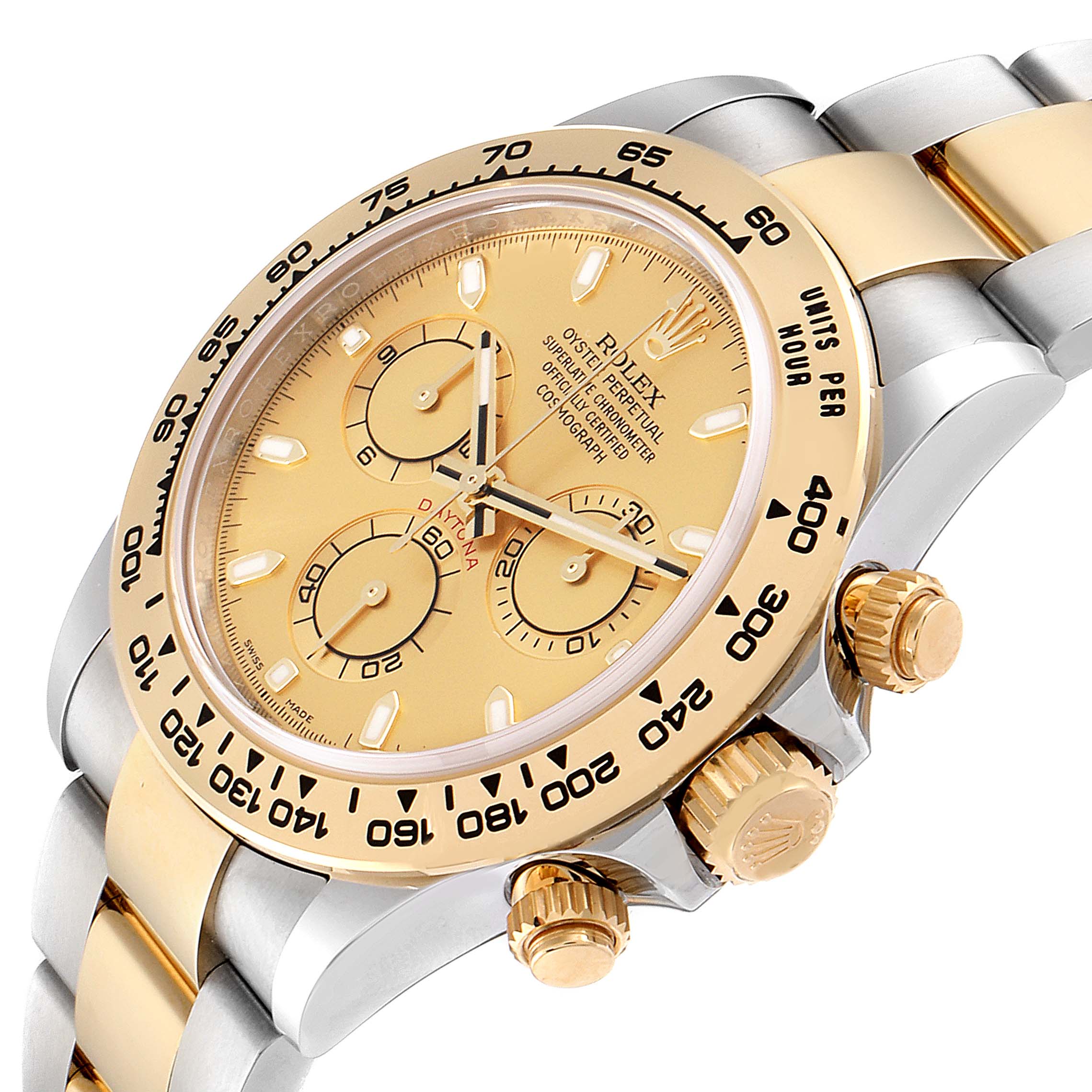 The image shows a close-up angled view of the Rolex Daytona 116503 Men's Steel and Gold (two tone) Champagne Dial 116503 Men's Steel and Gold (two tone) Champagne Dial watch, highlighting its face, bezel, and part of the bracelet.