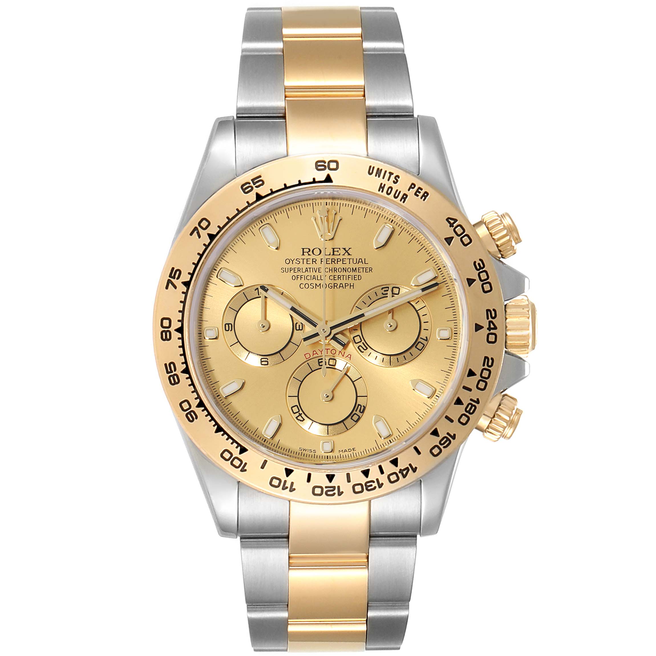The image shows a front view of a Rolex Daytona 116503 Men's Steel and Gold (two tone) Champagne Dial 116503 Men's Steel and Gold (two tone) Champagne Dial watch, highlighting its gold and silver band, dial, and subdials.
