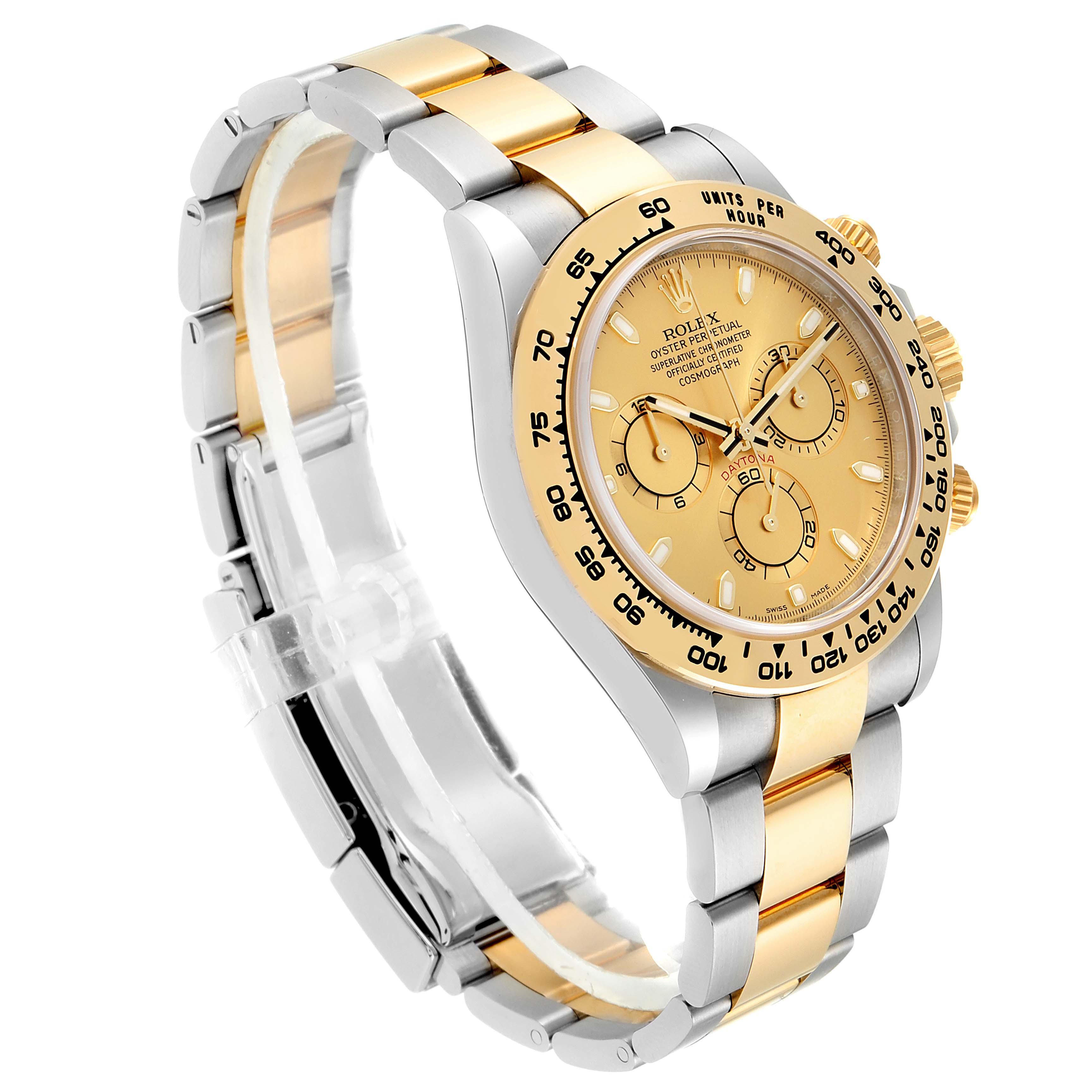 The Rolex Daytona 116503 Men's Steel and Gold (two tone) Champagne Dial 116503 Men's Steel and Gold (two tone) Champagne Dial watch is shown at a three-quarter angle, displaying its two-tone bracelet, bezel, and dial with subdials.
