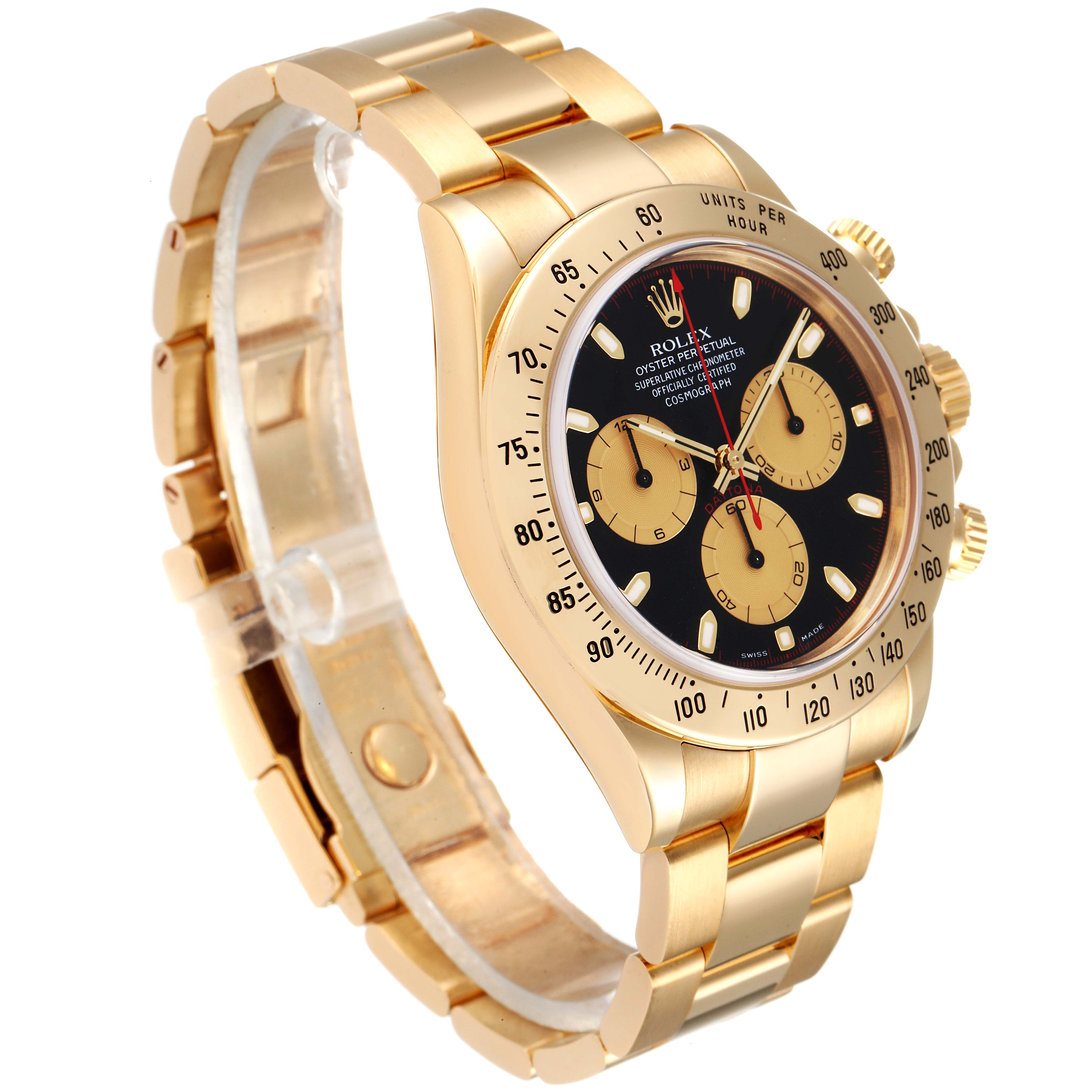 The Rolex Daytona 116528 Men's Yellow Gold Black Dial 116528 Men's Yellow Gold Black Dial watch is shown at a three-quarter angle, highlighting its gold bracelet, black dial, and chronograph subdials.