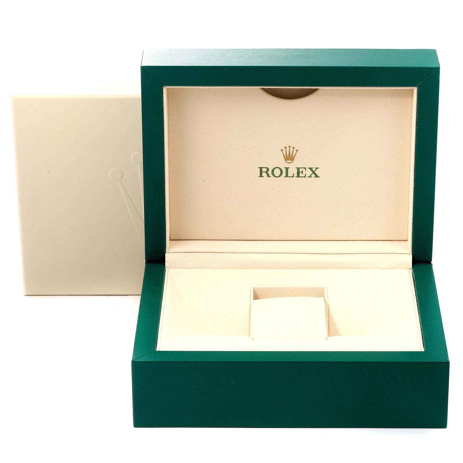 The image shows an open Rolex Daytona 116528 Men's Yellow Gold Black Dial 116528 Men's Yellow Gold Black Dial watch box with a green exterior and a cream interior.