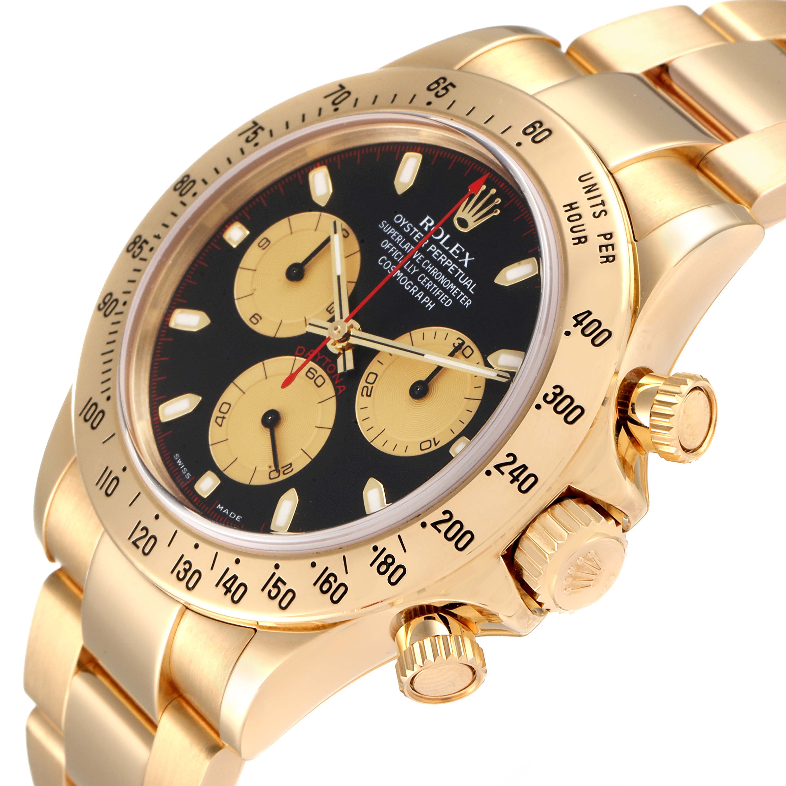 The image shows a close-up of a Rolex Daytona 116528 Men's Yellow Gold Black Dial 116528 Men's Yellow Gold Black Dial watch, highlighting the dial, subdials, bezel, and crown.