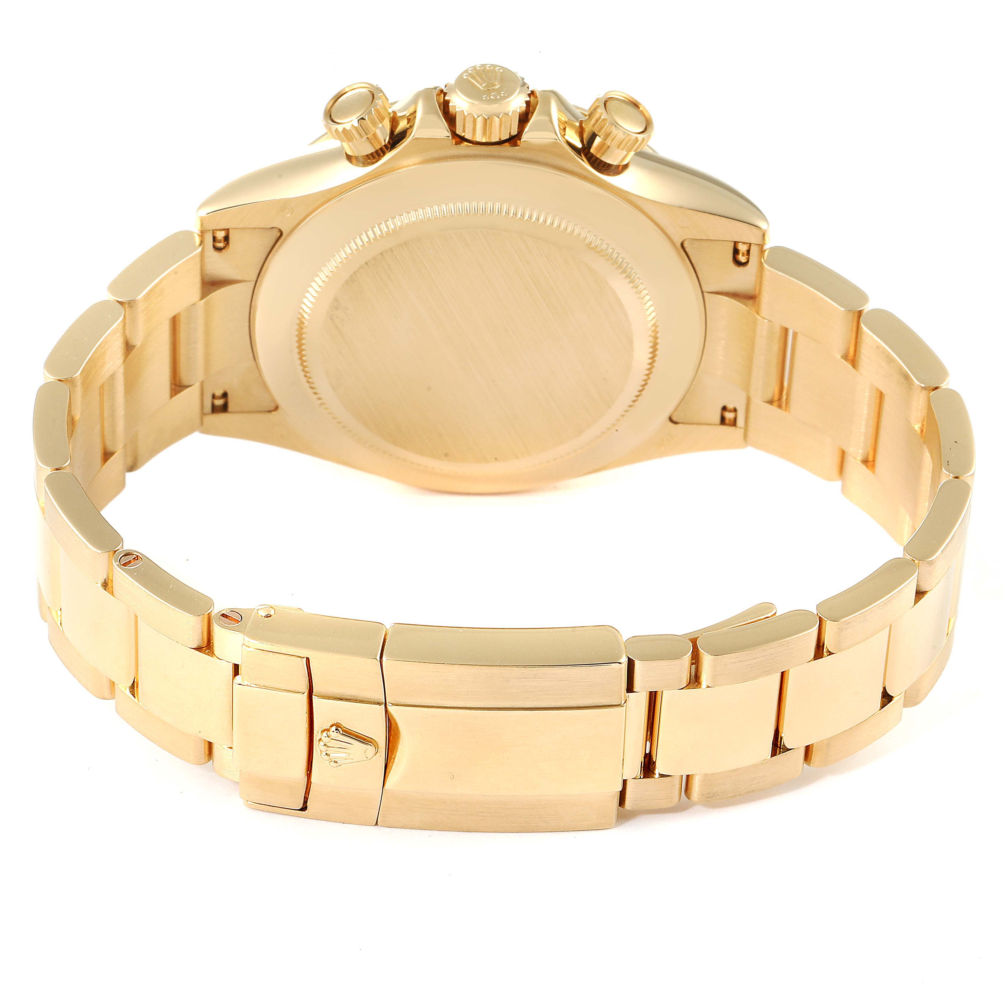 This image shows the back view of a Rolex Daytona 116528 Men's Yellow Gold Black Dial 116528 Men's Yellow Gold Black Dial watch, featuring the caseback, crown, pushers, and bracelet with clasp.