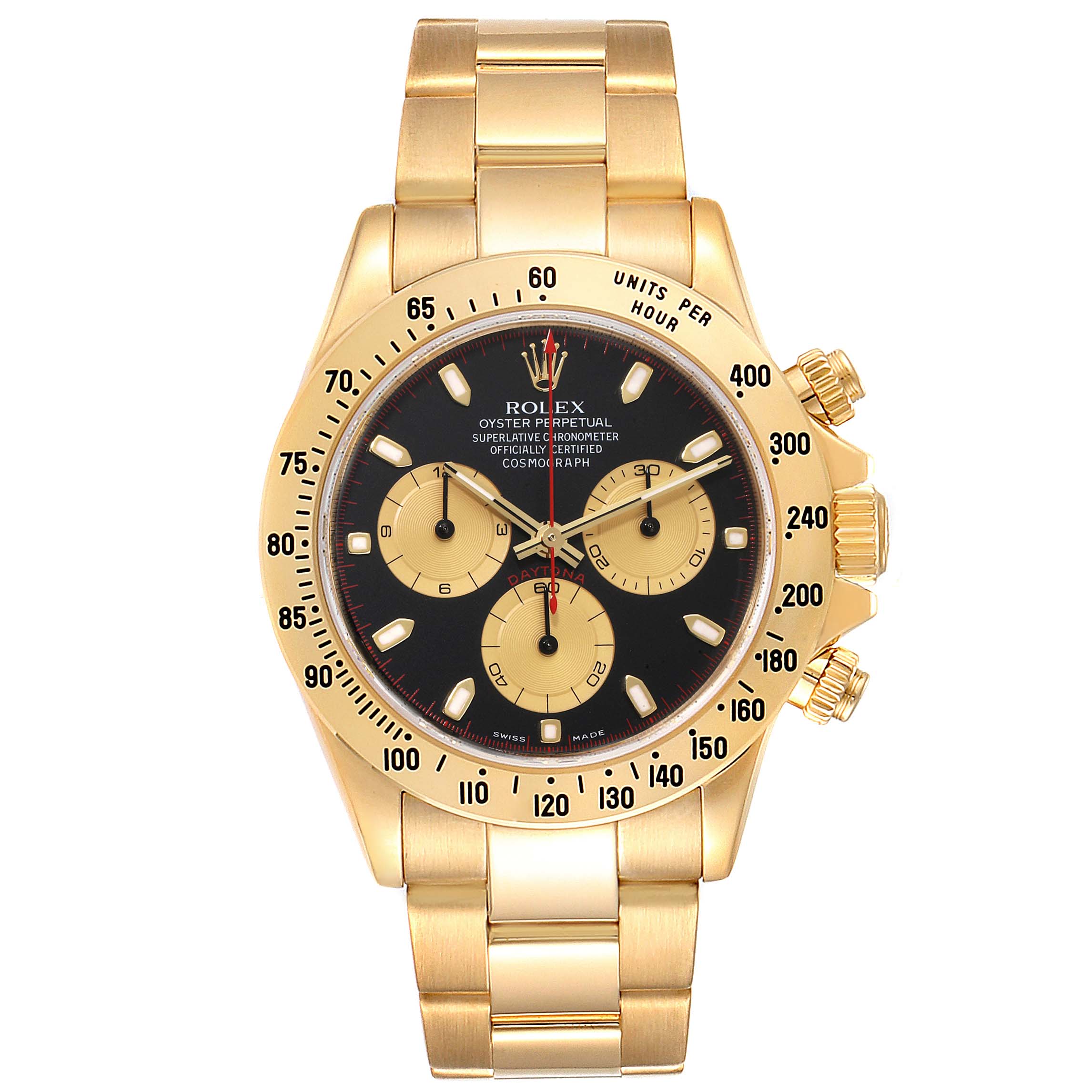 The image shows a front view of a Rolex Daytona 116528 Men's Yellow Gold Black Dial 116528 Men's Yellow Gold Black Dial watch, highlighting its gold band, black dial, and three subdials.