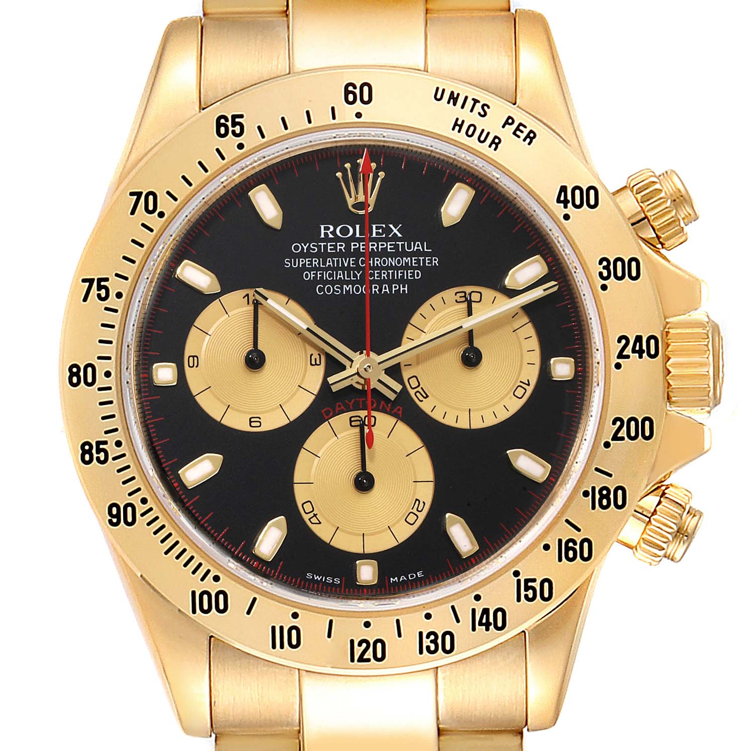 The Rolex Daytona 116528 Men's Yellow Gold Black Dial 116528 Men's Yellow Gold Black Dial watch is shown from a top-down view, highlighting the black and gold dial, chronograph subdials, and gold bezel with markings.