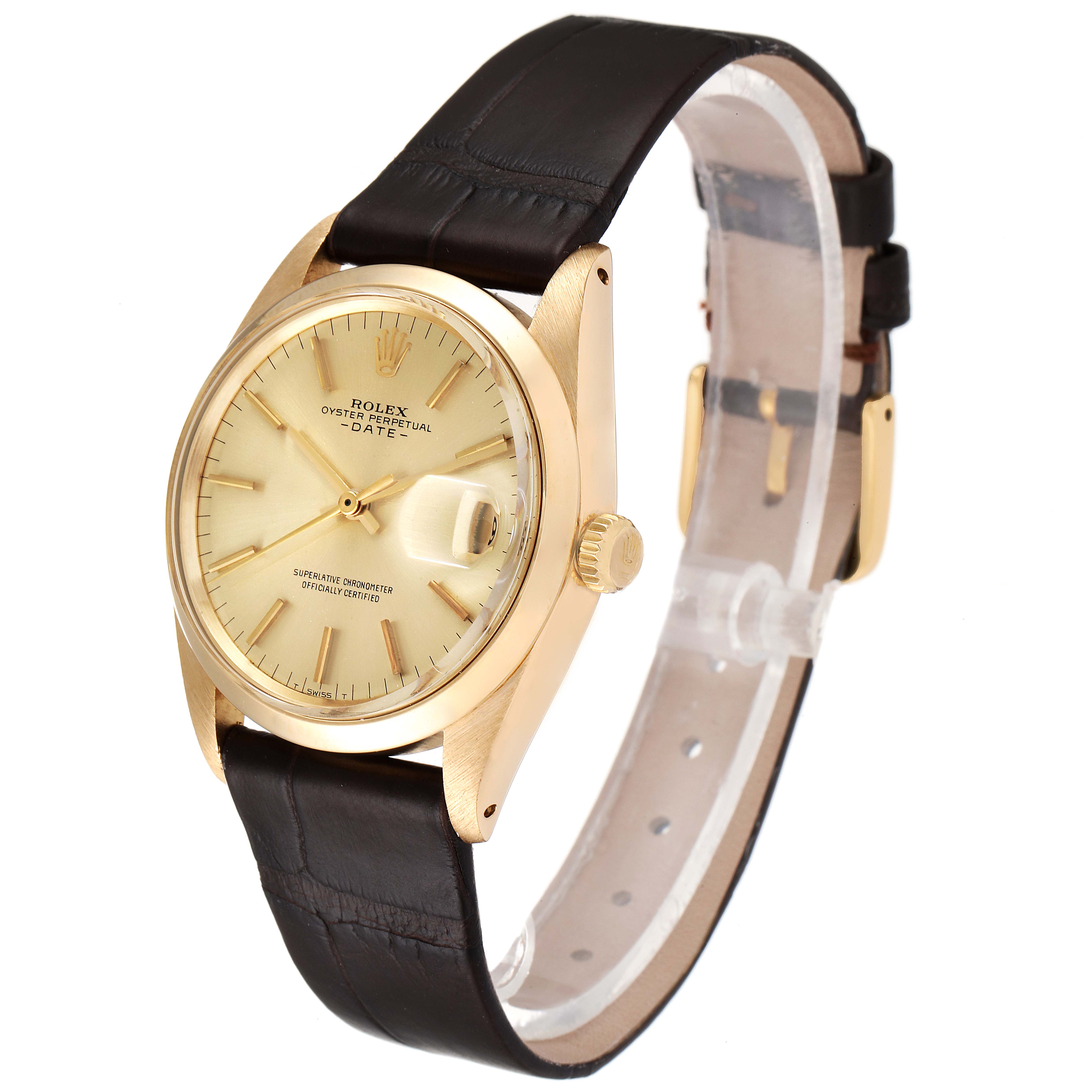 The Vintage Collection Rolex watch is shown at an angled side view, highlighting the dial, case, crown, and leather strap.