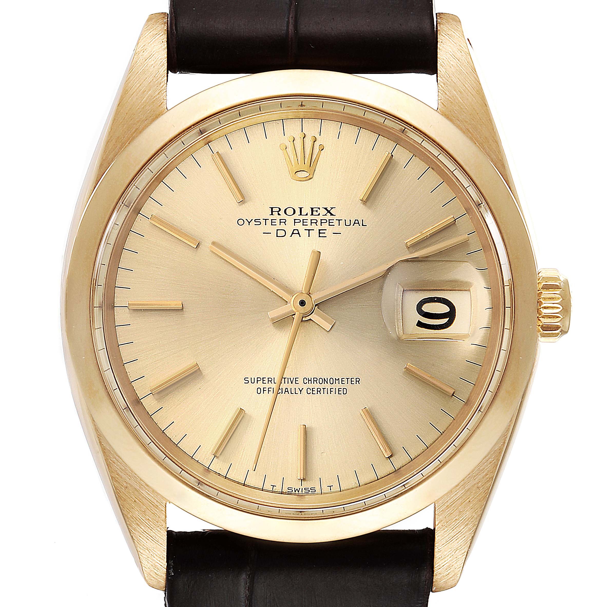 This image shows a front view of the Rolex Vintage Collection 1500 Men's Yellow Gold Champagne Dial 1500 Men's Yellow Gold Champagne Dial Oyster Perpetual Date watch, highlighting the dial, hands, and date window.