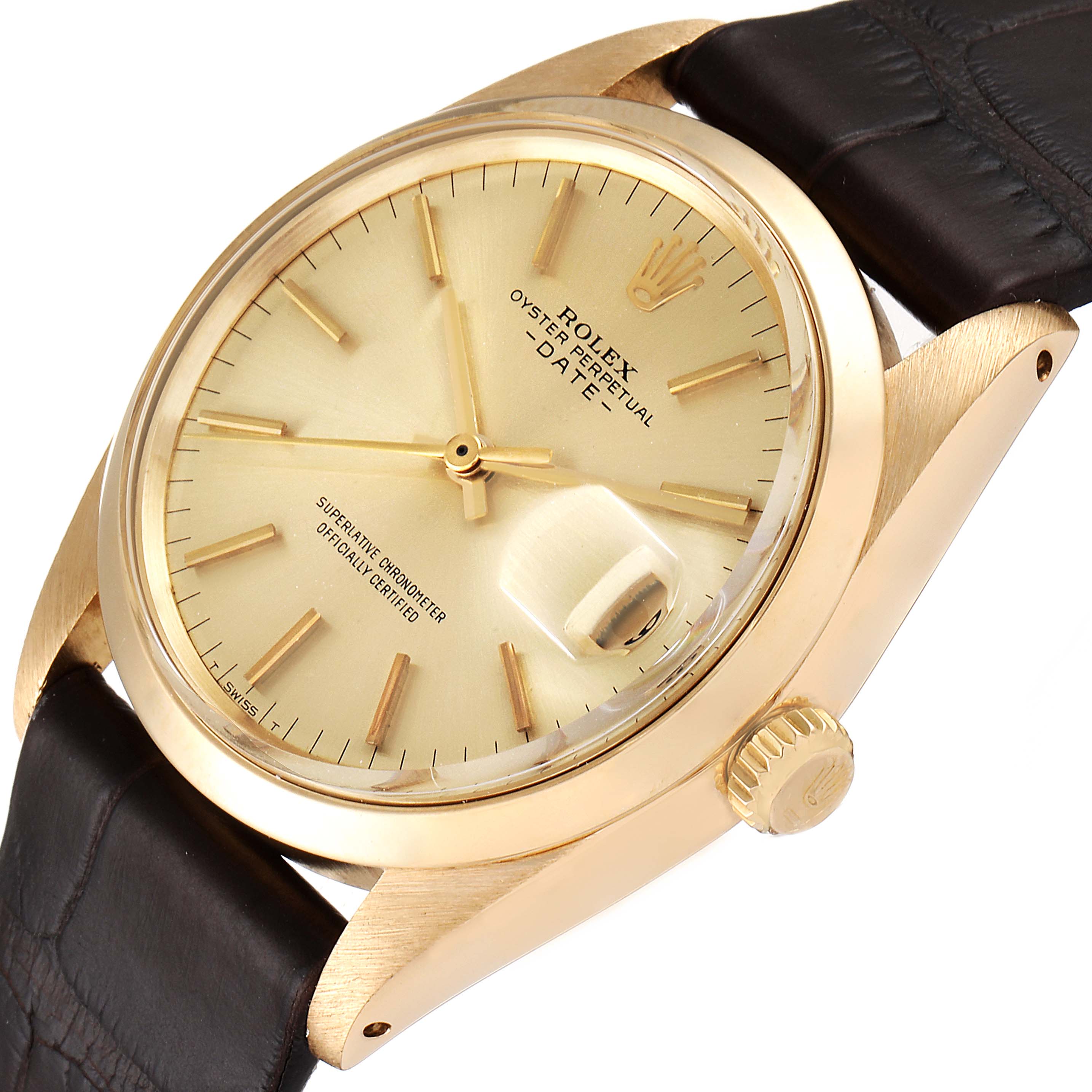 The image shows a close-up, angled view of the face and crown of a Rolex Vintage Collection 1500 Men's Yellow Gold Champagne Dial 1500 Men's Yellow Gold Champagne Dial watch.