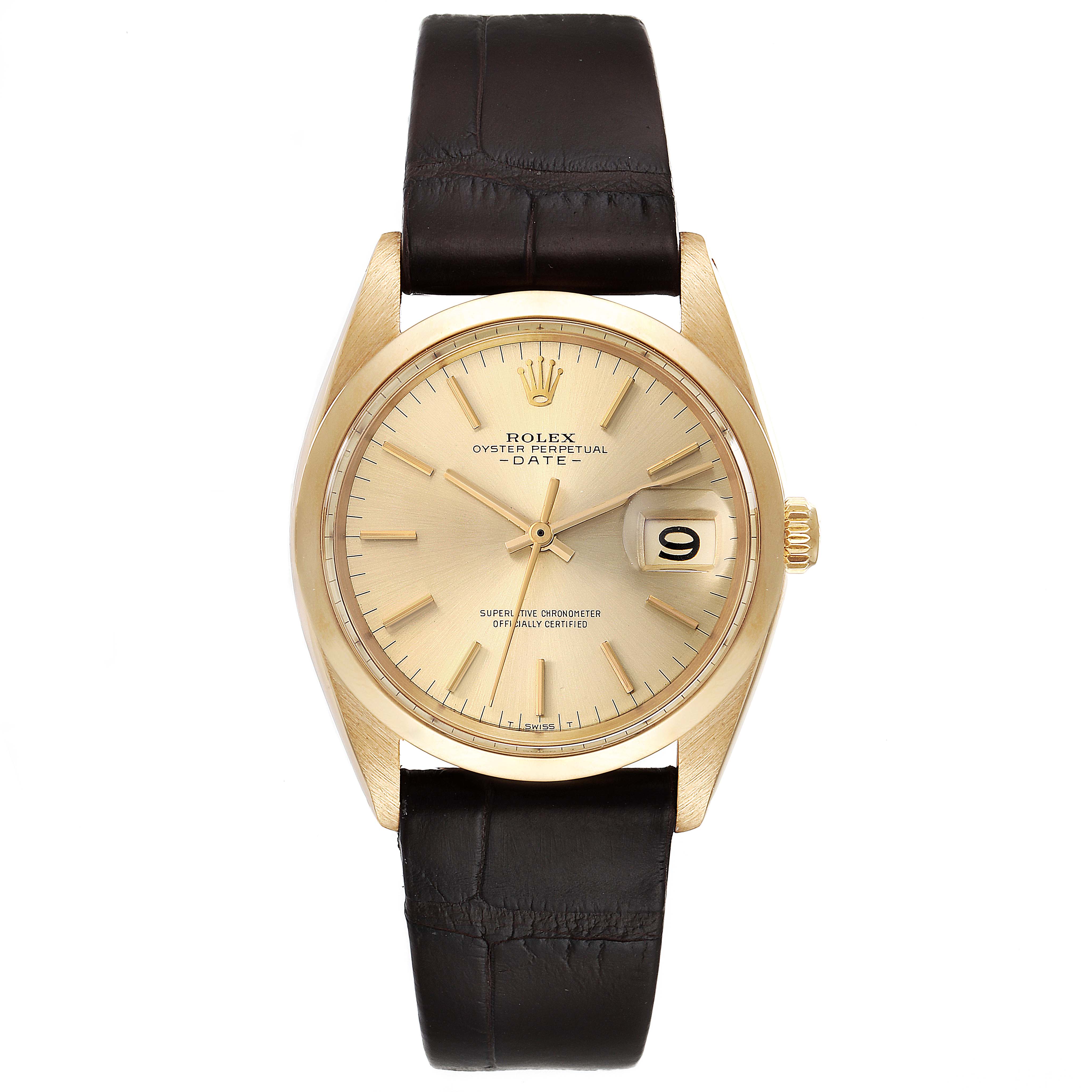 The image shows a front view of the Rolex Vintage Collection 1500 Men's Yellow Gold Champagne Dial 1500 Men's Yellow Gold Champagne Dial watch, with a gold case, black leather strap, and date display.