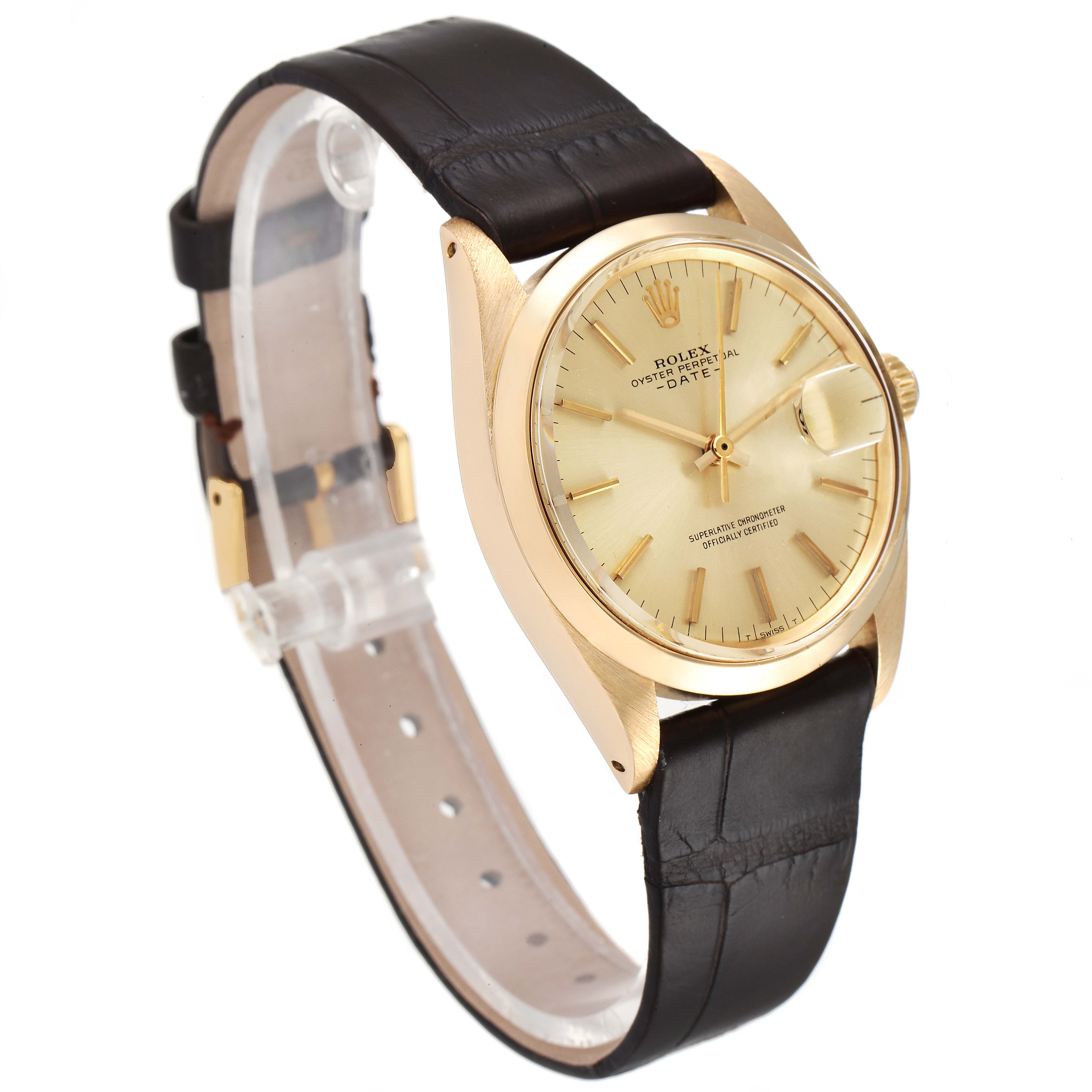 This image shows a side angle of the Rolex Vintage Collection 1500 Men's Yellow Gold Champagne Dial 1500 Men's Yellow Gold Champagne Dial model, highlighting the gold case and black leather strap.
