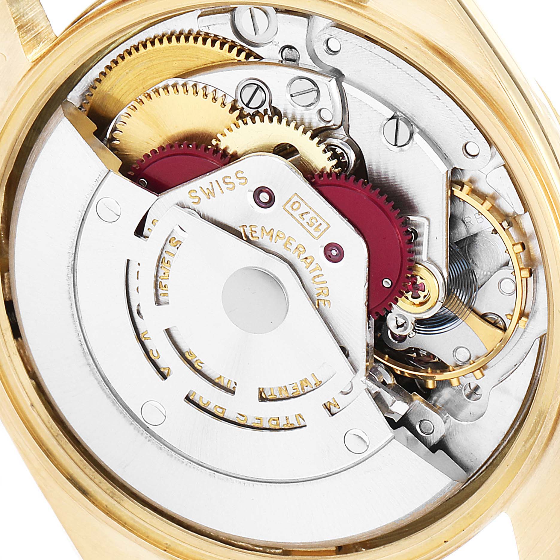 The image shows a close-up of the inner mechanical movement of the Rolex Vintage Collection 1500 Men's Yellow Gold Champagne Dial 1500 Men's Yellow Gold Champagne Dial watch.