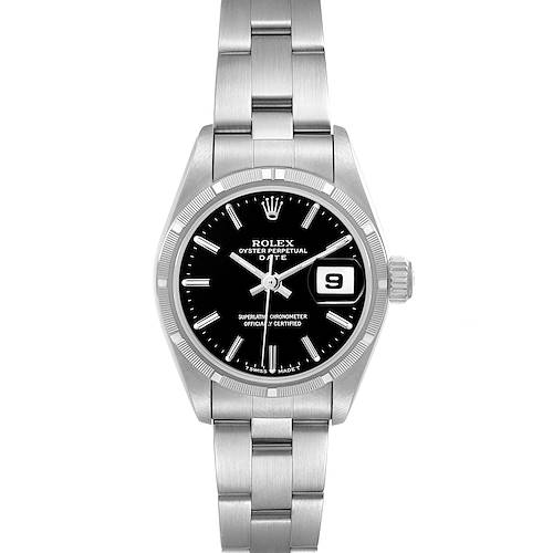 The image shows a Rolex Date 69190 Women's Stainless Steel Black Dial model watch from the front, displaying its black dial, date window, bezel, and bracelet.