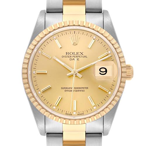 The Rolex Date model watch is shown from a front angle, highlighting the face, bezel, crown, and part of the bracelet.