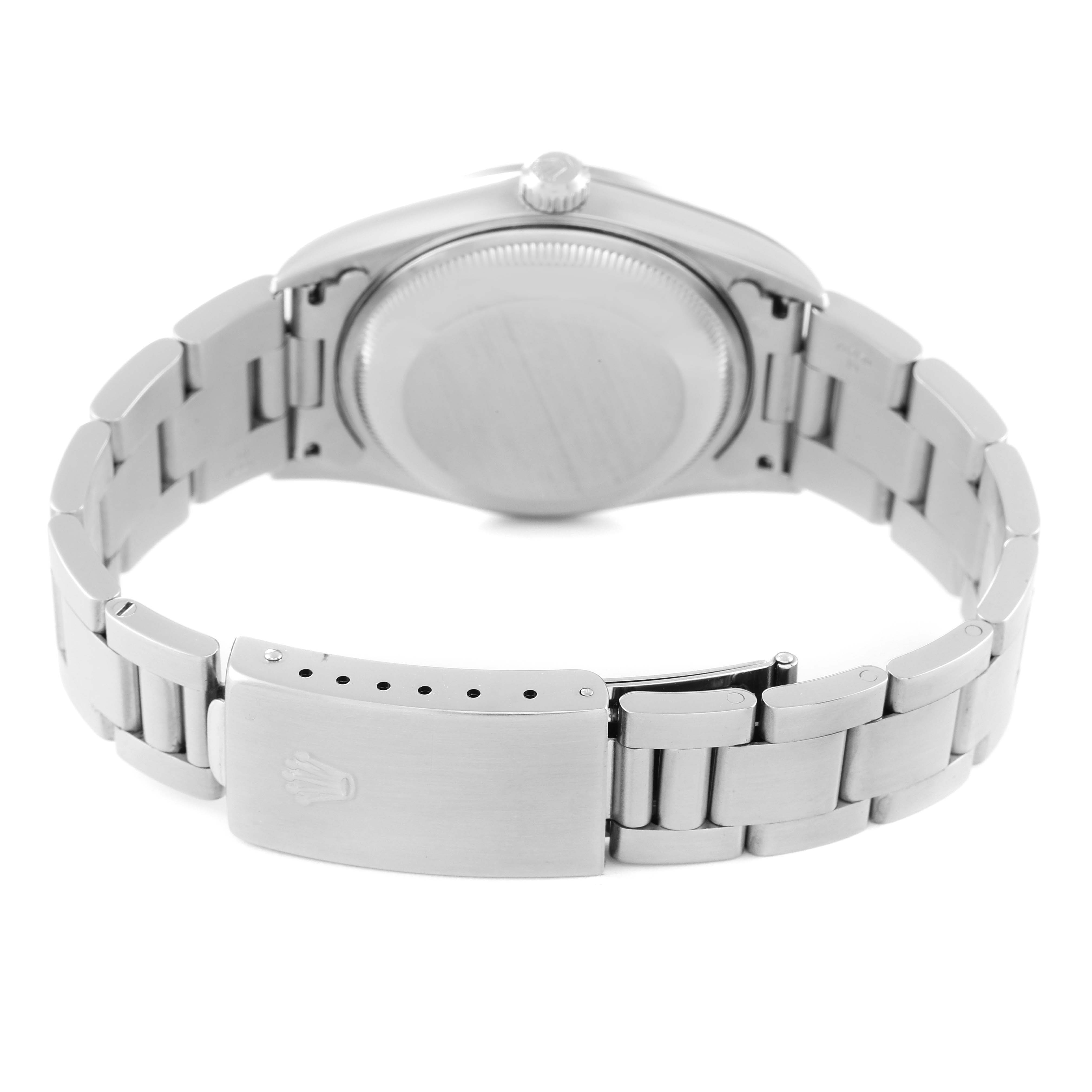 The image shows the backside and clasp of the Rolex Date 15200 Men
s Stainless Steel White Dial 15200 Men
s Stainless Steel White Dial model watch, highlighting the bracelet and caseback.