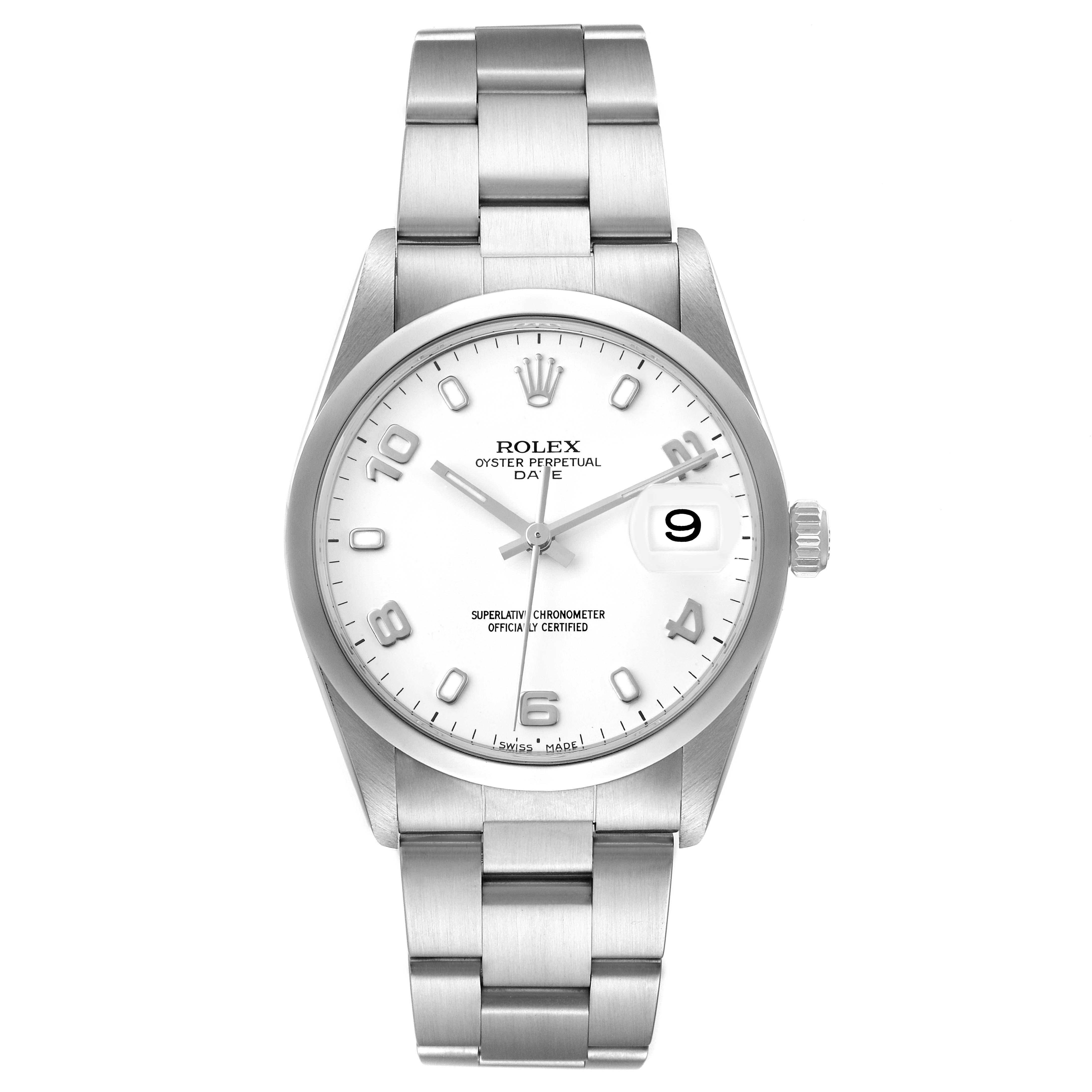 The image shows a front view of the Rolex Date 15200 Men
s Stainless Steel White Dial 15200 Men
s Stainless Steel White Dial model watch, displaying the dial, bracelet, and date window.