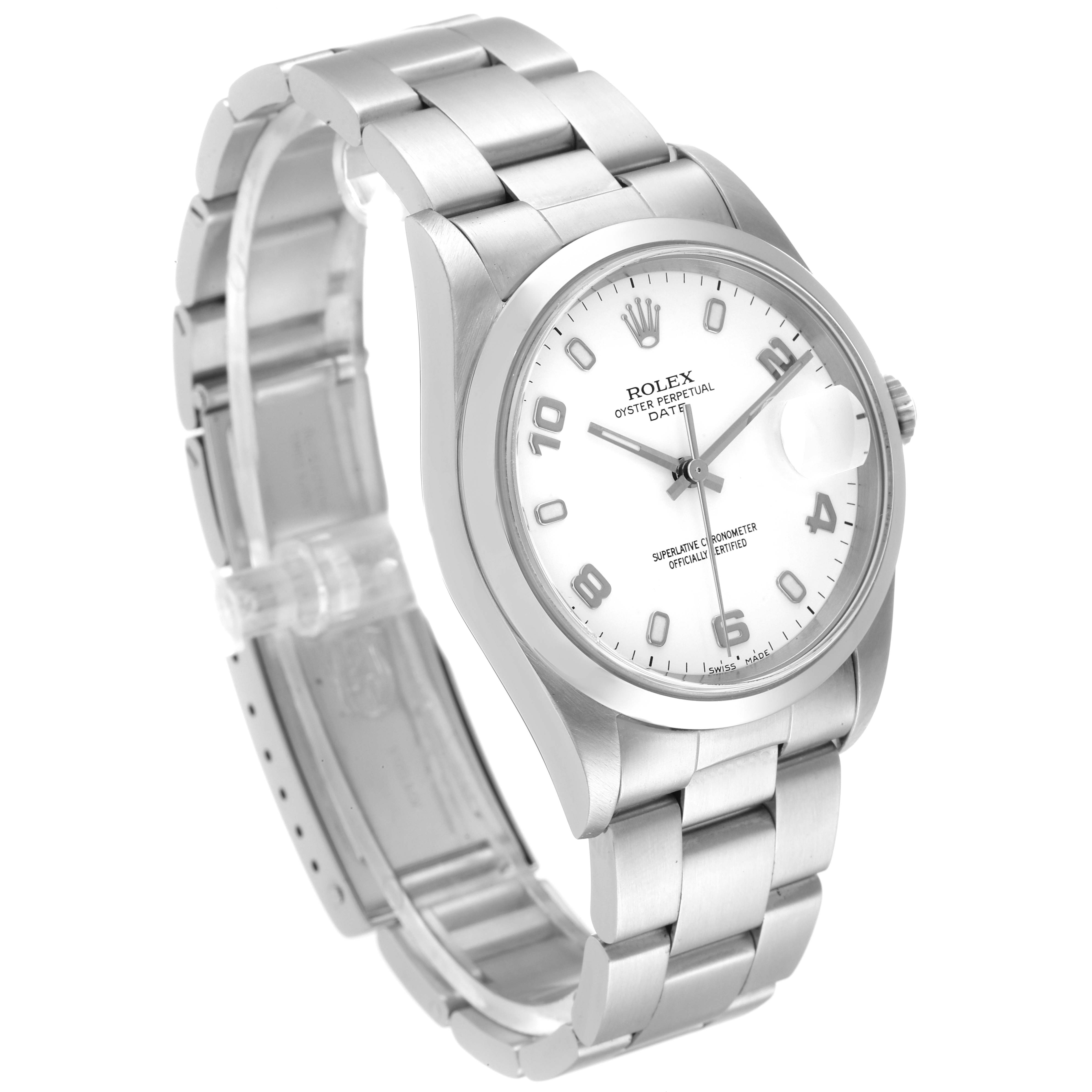 The image shows a Rolex Date 15200 Men
s Stainless Steel White Dial 15200 Men
s Stainless Steel White Dial model watch at an angled side view, highlighting the dial, bracelet, and clasp partially open.