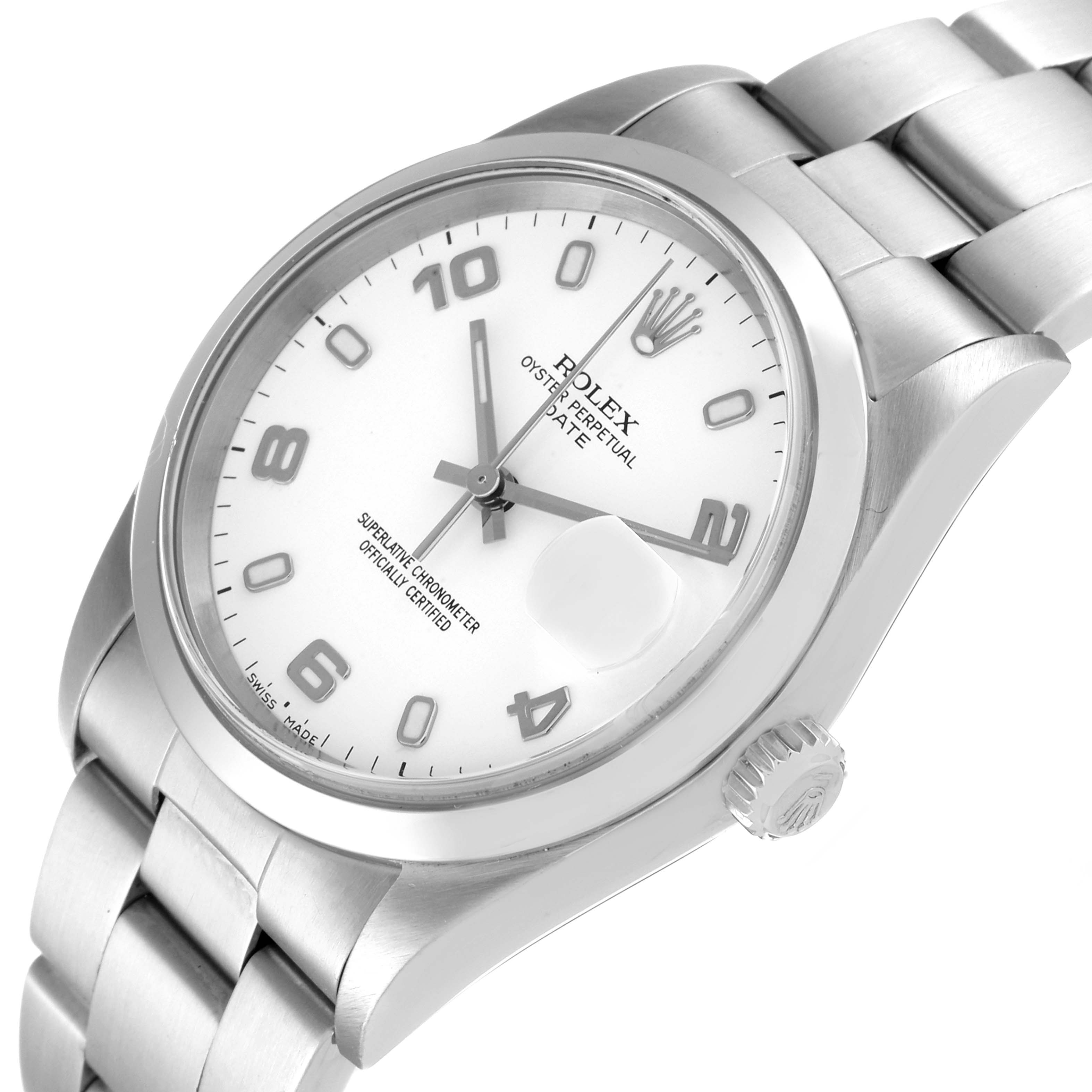 The image shows the Rolex Date 15200 Men
s Stainless Steel White Dial 15200 Men
s Stainless Steel White Dial model watch at a slight angle, displaying the dial, bracelet, crown, and magnified date feature.