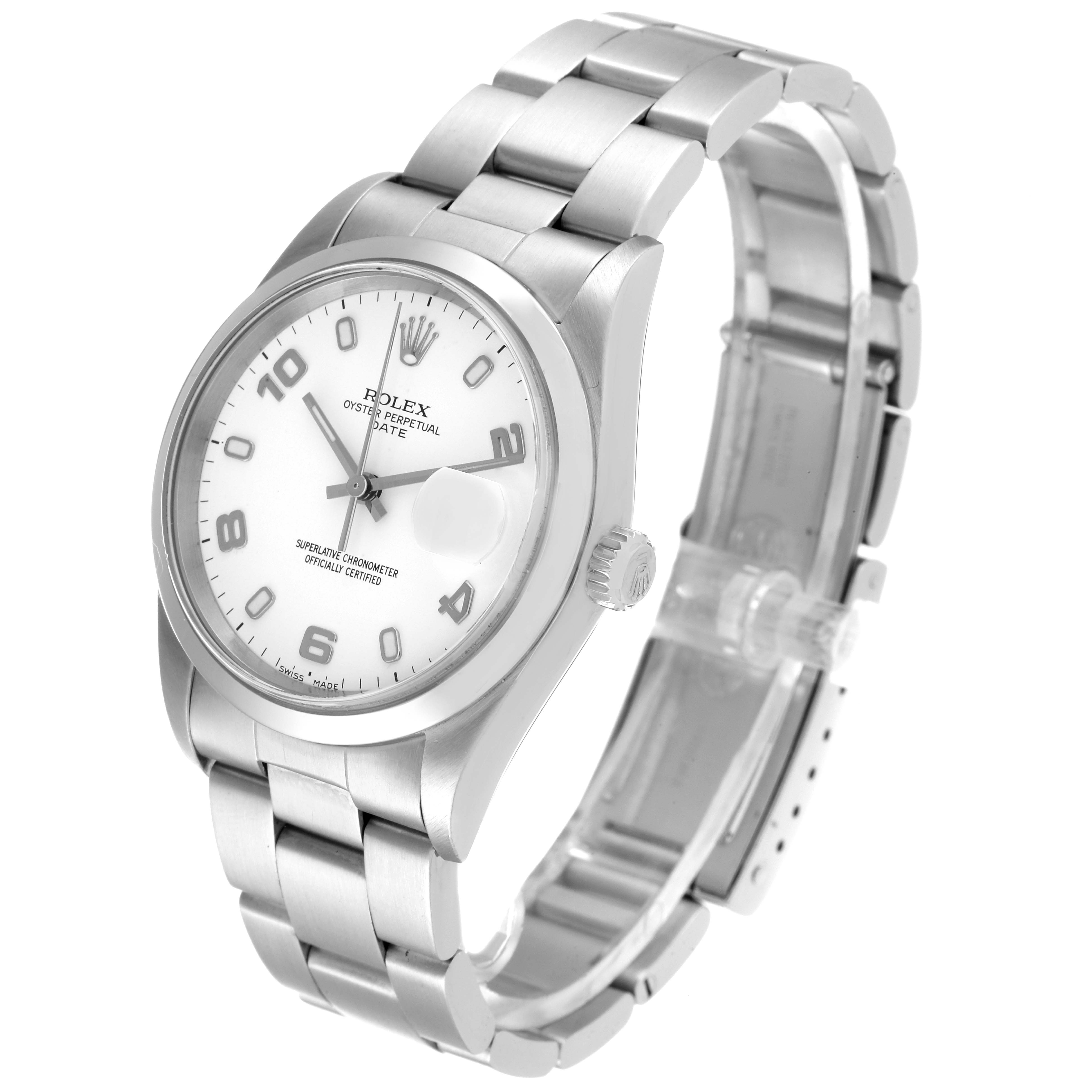 The Rolex Date 15200 Men
s Stainless Steel White Dial 15200 Men
s Stainless Steel White Dial model watch is shown at a slight angle, displaying the face, bezel, crown, and bracelet.